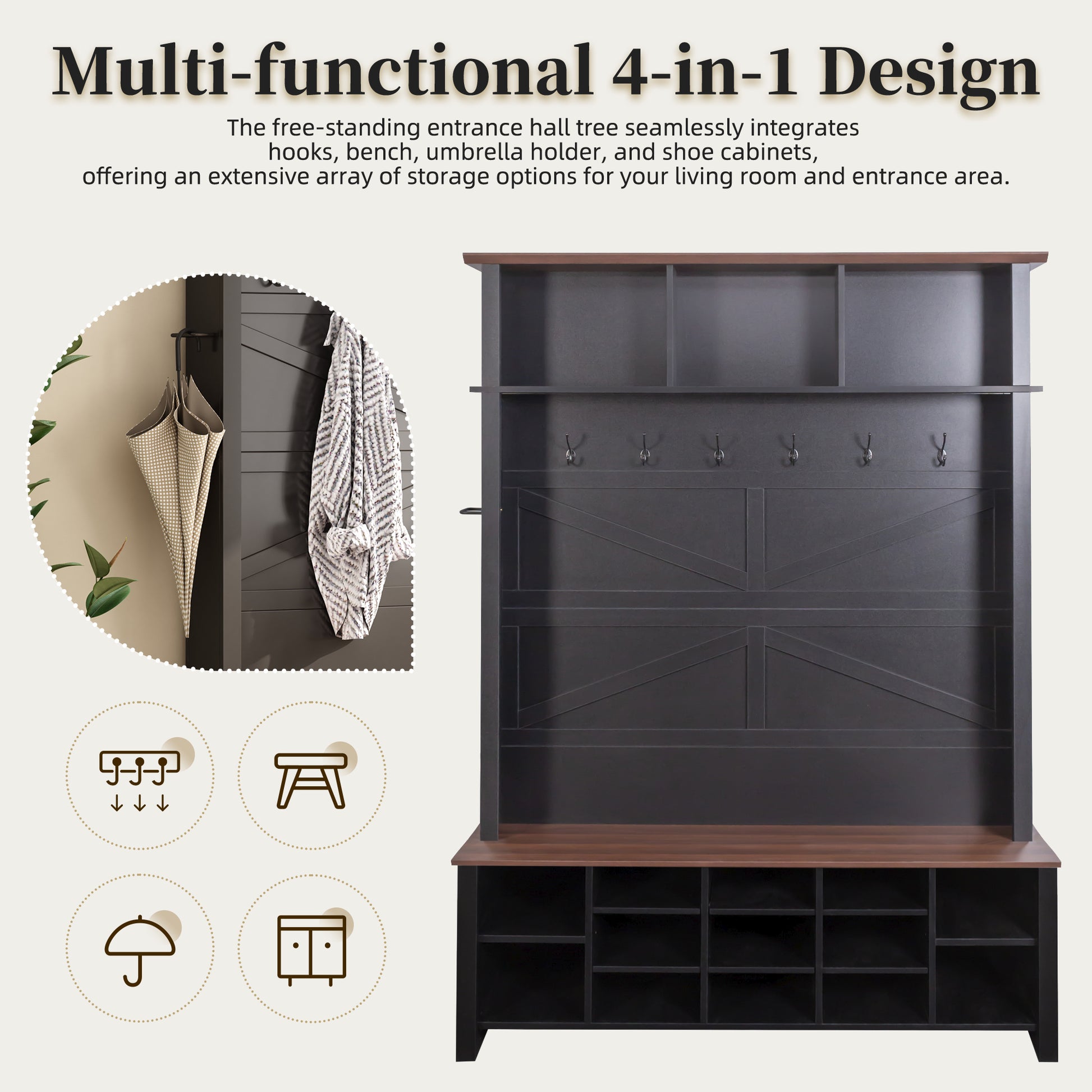 ON-TREND Farmhouse 4-in-1 Hall Tree with 6 Hooks, Practical Walnut Entryway Bench with Adjustable Shelves, Wooden Style Rustic Shoe Organizer with 16 Open Compartments for Mudroom, Living Room, Black