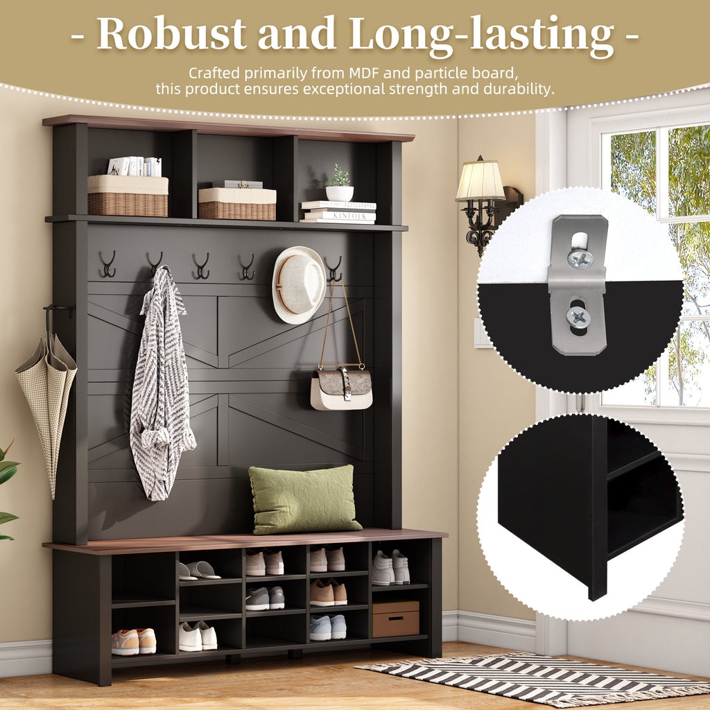 ON-TREND Farmhouse 4-in-1 Hall Tree with 6 Hooks, Practical Walnut Entryway Bench with Adjustable Shelves, Wooden Style Rustic Shoe Organizer with 16 Open Compartments for Mudroom, Living Room, Black