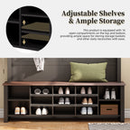 ON-TREND Farmhouse 4-in-1 Hall Tree with 6 Hooks, Practical Walnut Entryway Bench with Adjustable Shelves, Wooden Style Rustic Shoe Organizer with 16 Open Compartments for Mudroom, Living Room, Black