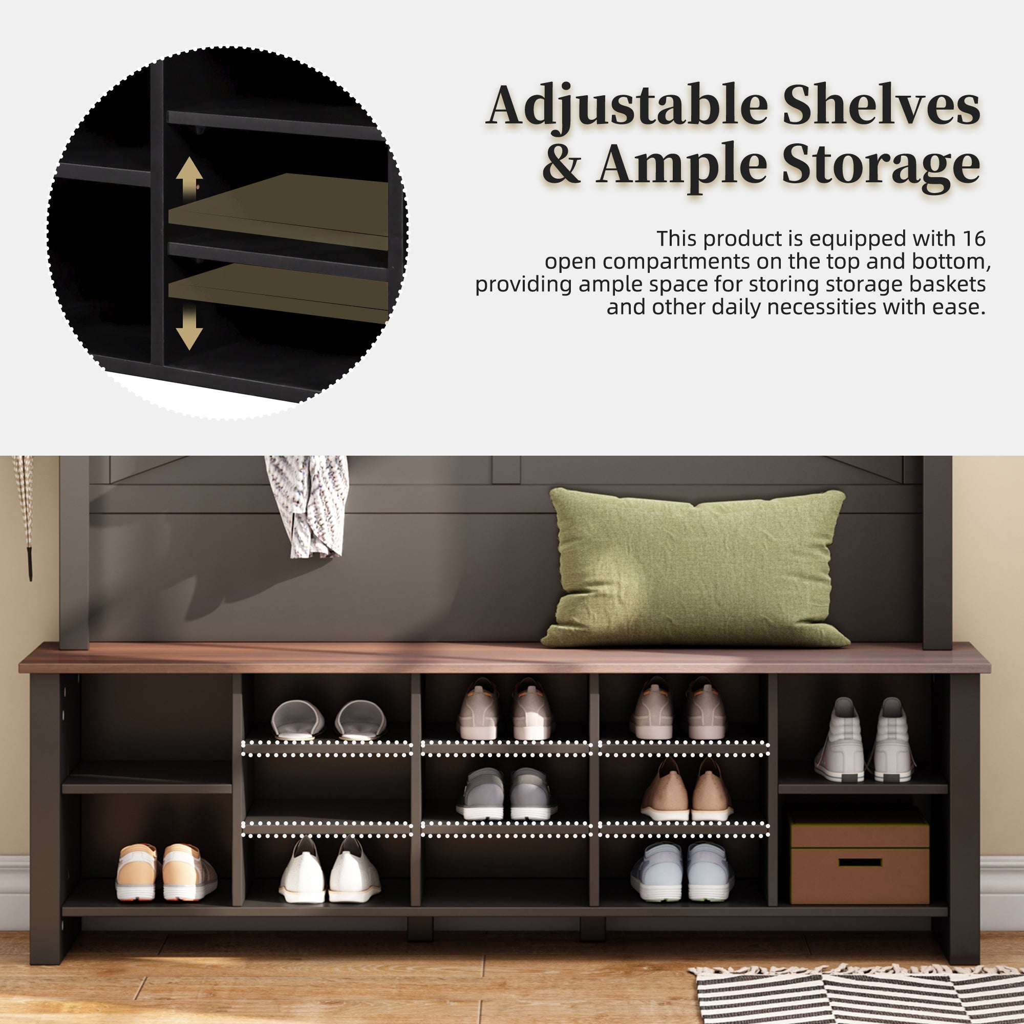 ON-TREND Farmhouse 4-in-1 Hall Tree with 6 Hooks, Practical Walnut Entryway Bench with Adjustable Shelves, Wooden Style Rustic Shoe Organizer with 16 Open Compartments for Mudroom, Living Room, Black