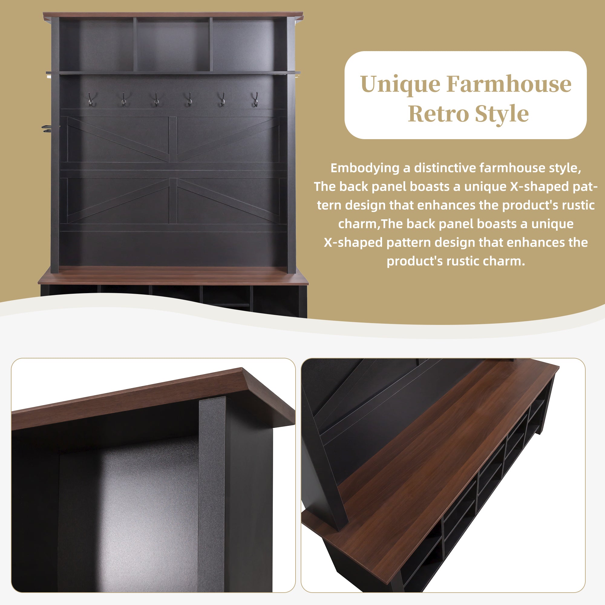 ON-TREND Farmhouse 4-in-1 Hall Tree with 6 Hooks, Practical Walnut Entryway Bench with Adjustable Shelves, Wooden Style Rustic Shoe Organizer with 16 Open Compartments for Mudroom, Living Room, Black