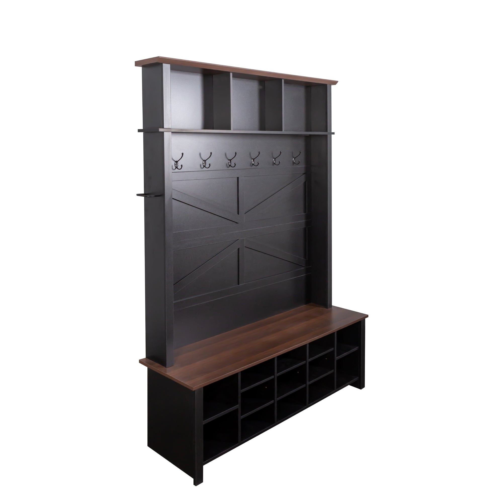 ON-TREND Farmhouse 4-in-1 Hall Tree with 6 Hooks, Practical Walnut Entryway Bench with Adjustable Shelves, Wooden Style Rustic Shoe Organizer with 16 Open Compartments for Mudroom, Living Room, Black