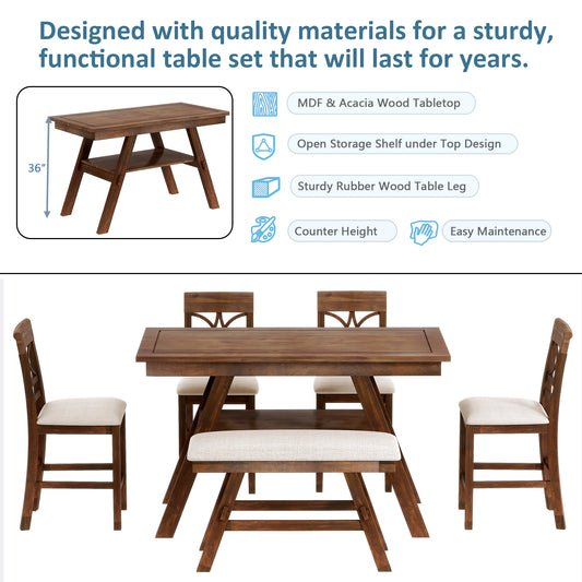 TOPMAX 6-Piece Wood Counter Height Dining Table Set with Storage Shelf, Kitchen Table Set with Bench and 4 Chairs,Rustic Style, Walnut+Beige Cushion (old sku: SH000257AAD)