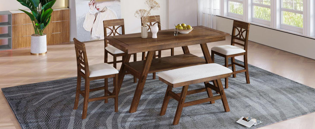 TOPMAX 6-Piece Wood Counter Height Dining Table Set with Storage Shelf, Kitchen Table Set with Bench and 4 Chairs,Rustic Style, Walnut+Beige Cushion (old sku: SH000257AAD)