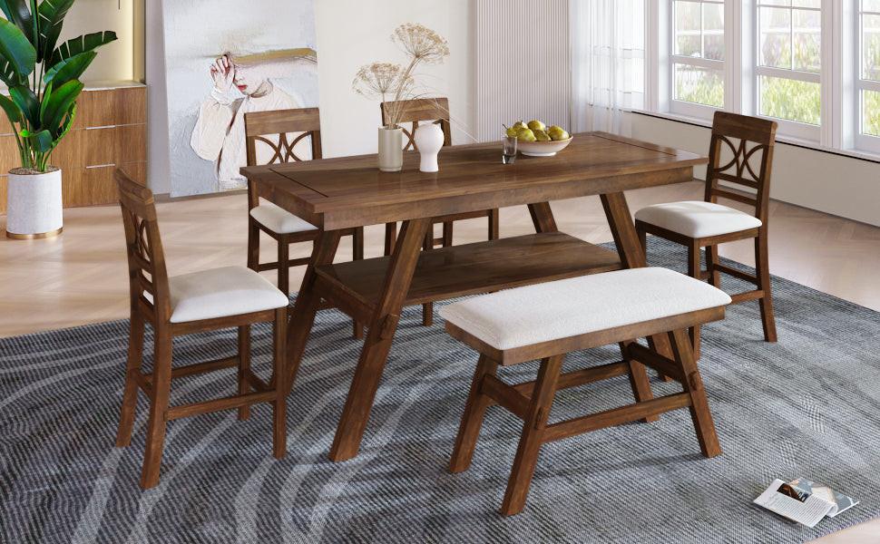 TOPMAX 6-Piece Wood Counter Height Dining Table Set with Storage Shelf, Kitchen Table Set with Bench and 4 Chairs,Rustic Style, Walnut+Beige Cushion (old sku: SH000257AAD)