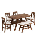 Rustic Walnut Wood Dining Set with Bench and Storage.