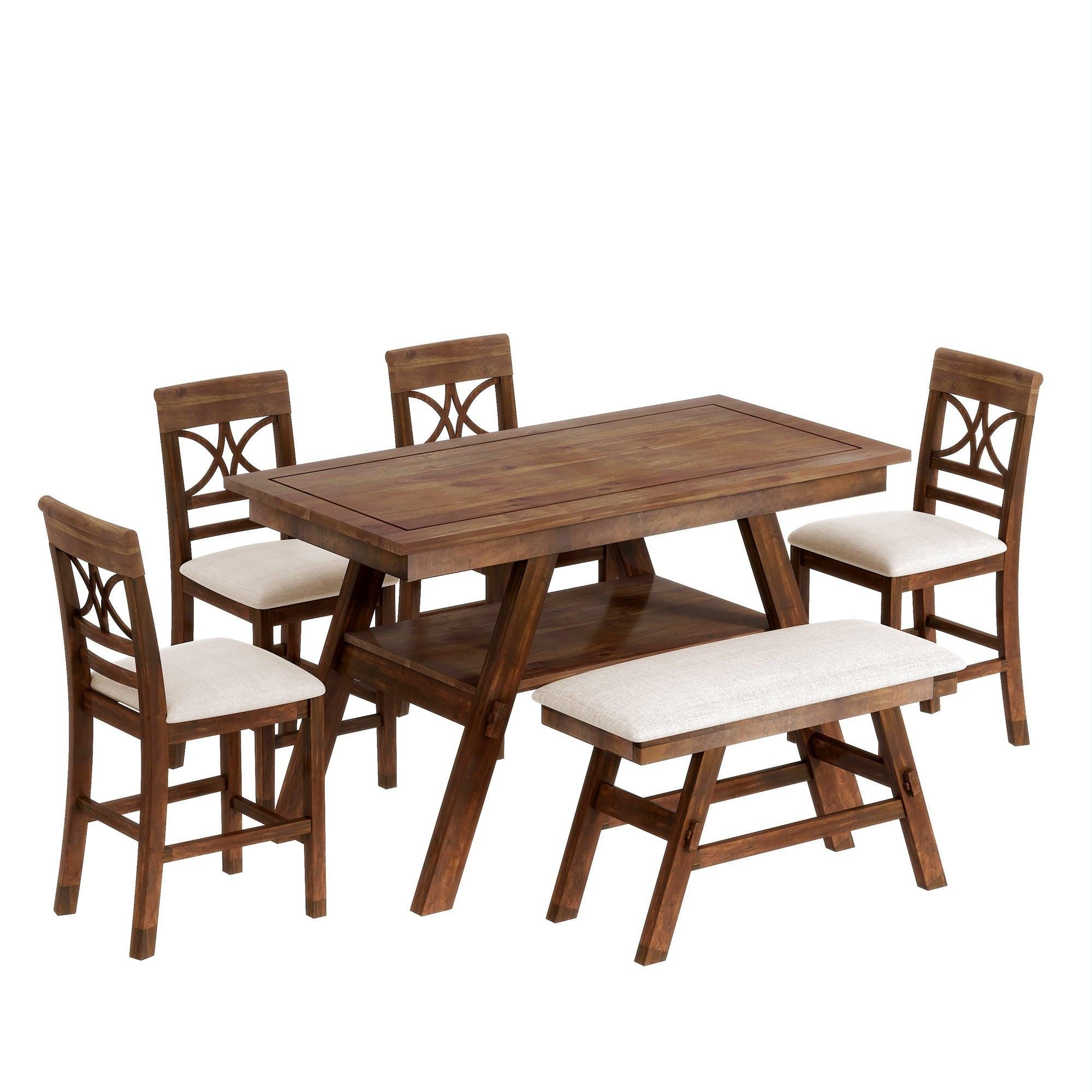 Rustic Walnut Wood Dining Set with Bench and Storage.