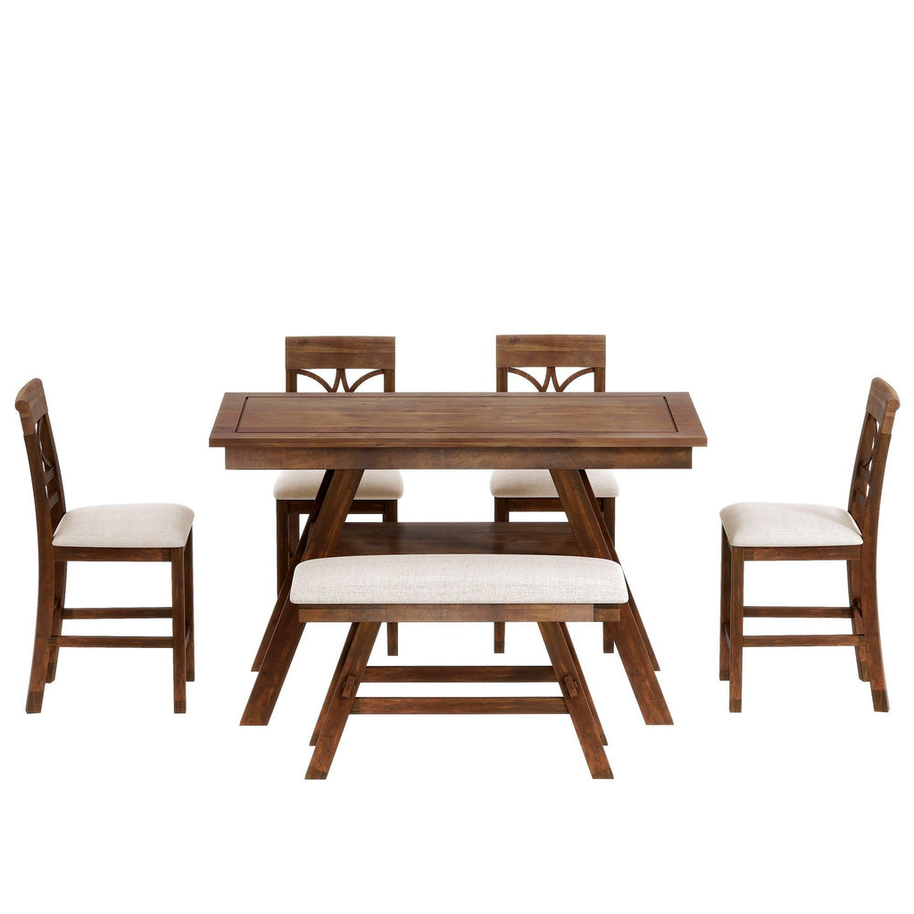 Rustic Walnut Wood Dining Set with Bench and Storage.
