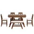 Rustic Walnut Wood Dining Set with Bench and Storage.