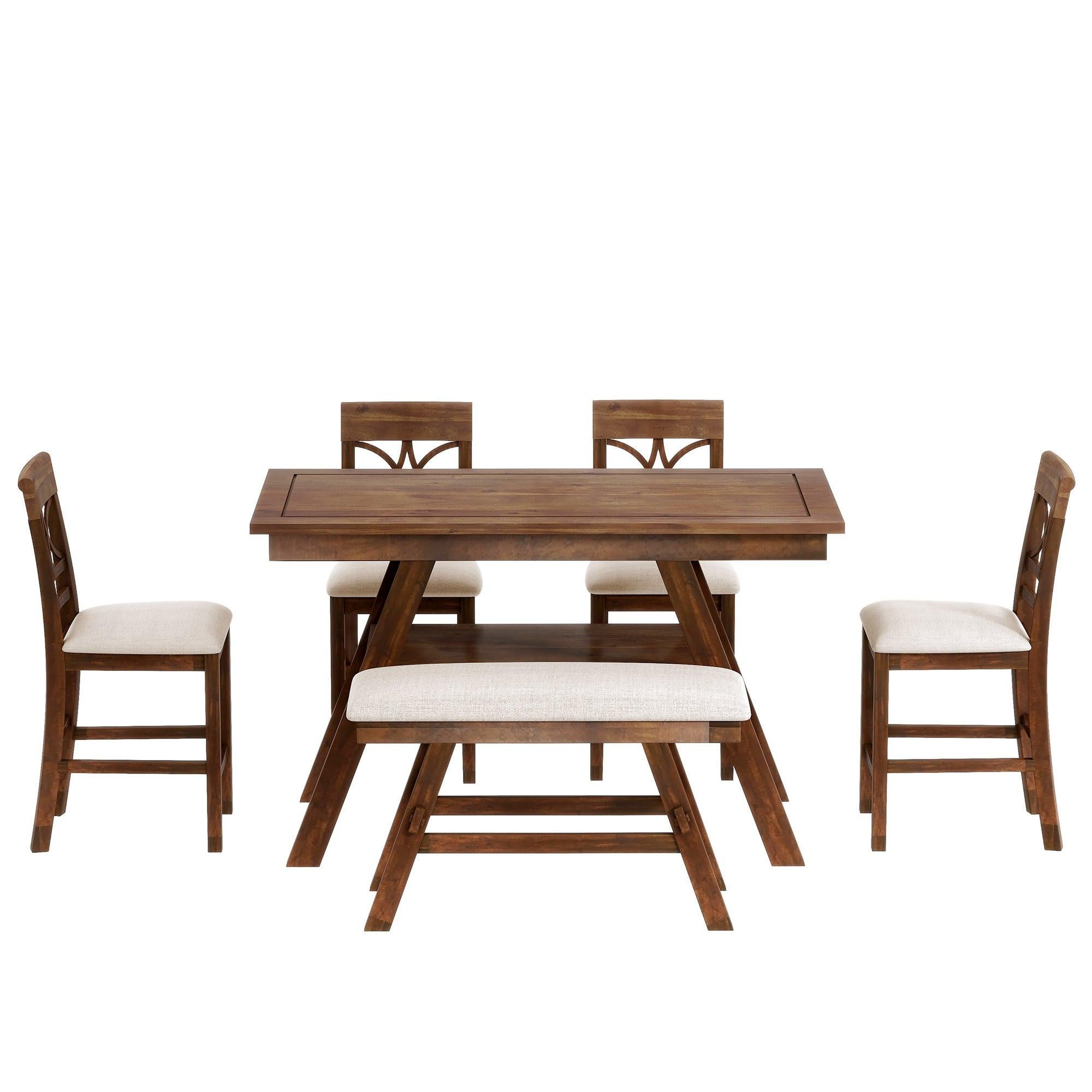 Rustic Walnut Wood Dining Set with Bench and Storage.