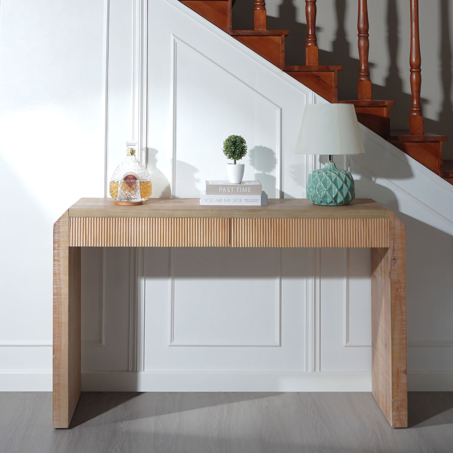 Rustic Wooden Console Table with Drawer – Minimalist Design, Ribbed Texture, and Natural Finish