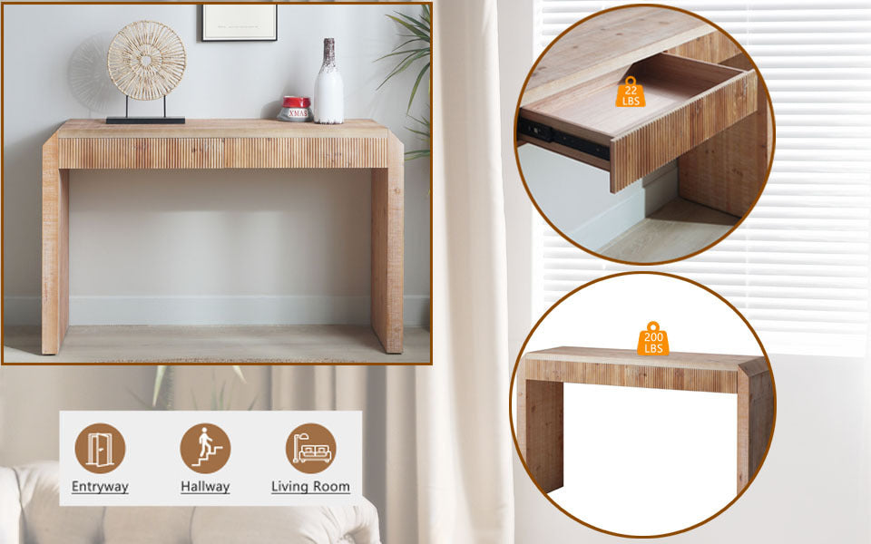 Rustic Wooden Console Table with Drawer – Minimalist Design, Ribbed Texture, and Natural Finish