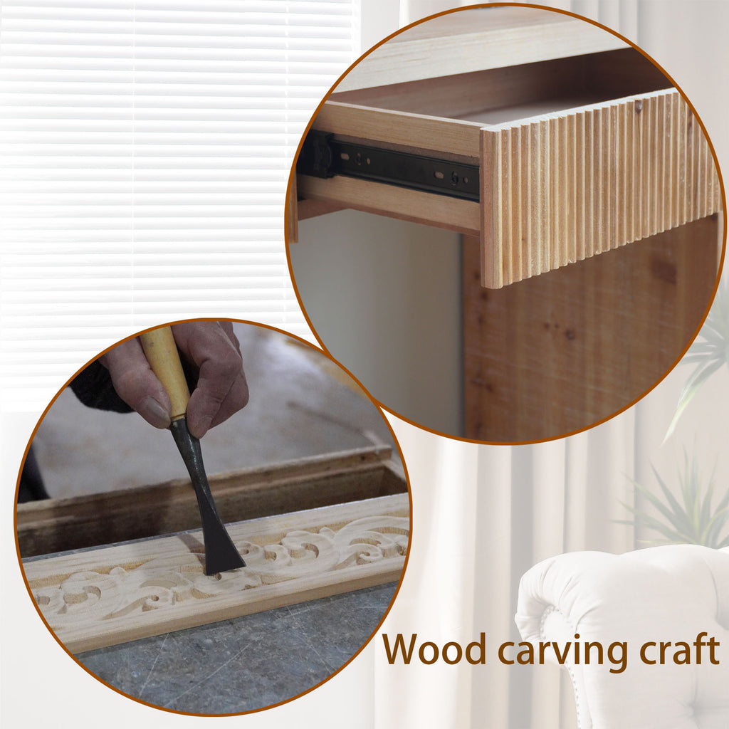 Rustic Wooden Console Table with Drawer – Minimalist Design, Ribbed Texture, and Natural Finish