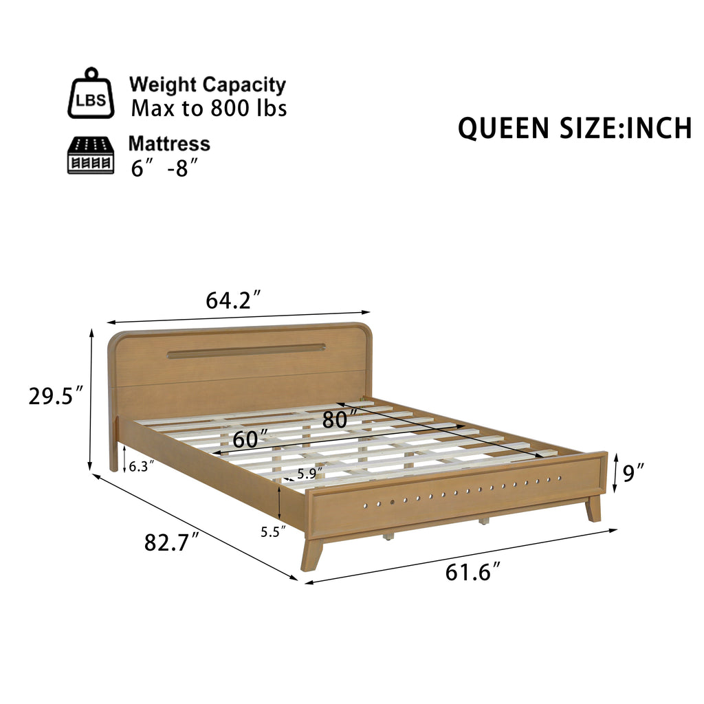 PINE SOLID WOOD QUEEN SIZE BED, SOLID AND STABLE, NO BOX SPRING NEEDED, RUSTIC YELLOW COLOR