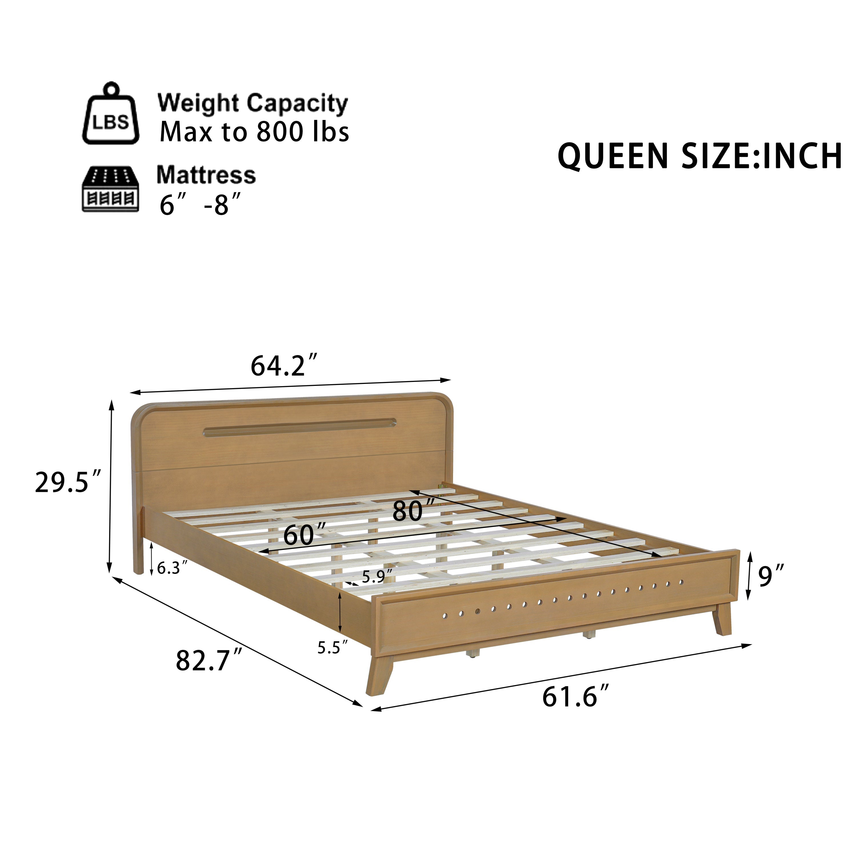 PINE SOLID WOOD QUEEN SIZE BED, SOLID AND STABLE, NO BOX SPRING NEEDED, RUSTIC YELLOW COLOR