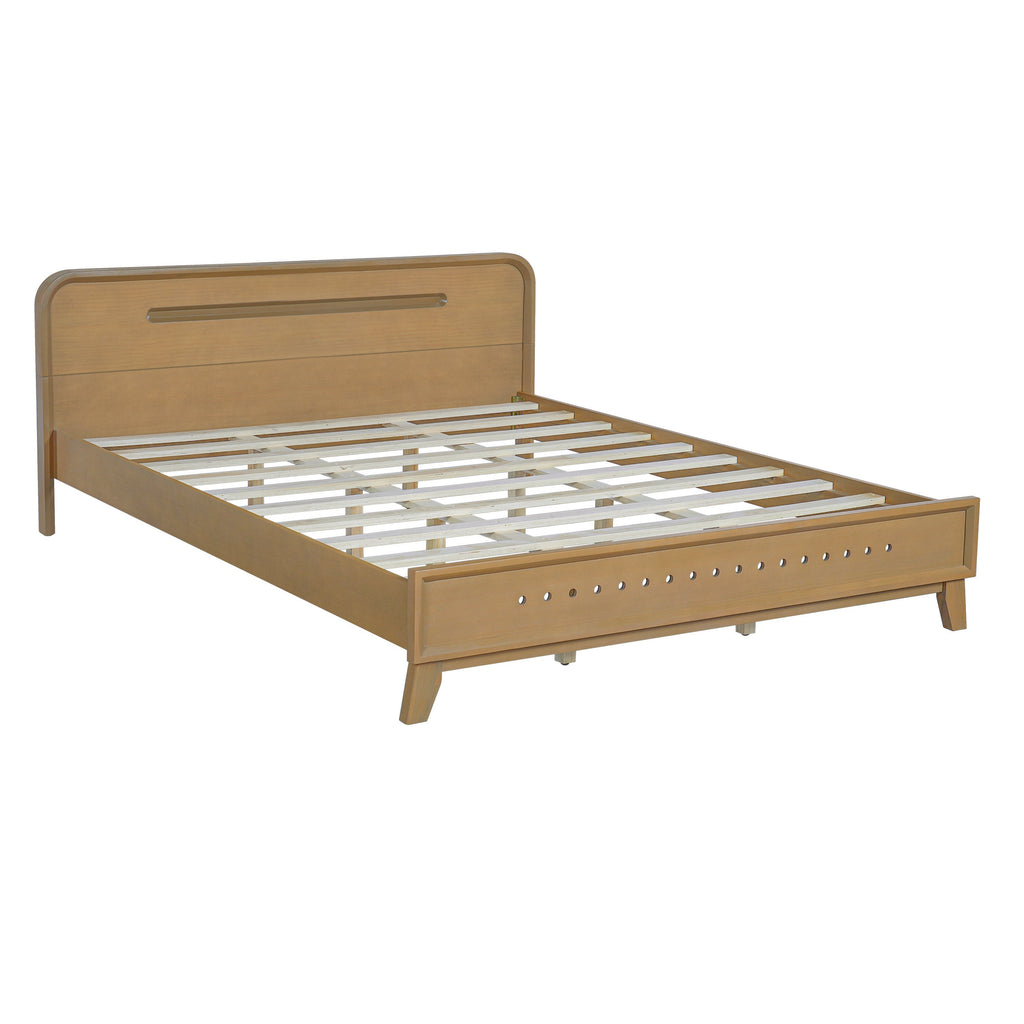 PINE SOLID WOOD QUEEN SIZE BED, SOLID AND STABLE, NO BOX SPRING NEEDED, RUSTIC YELLOW COLOR
