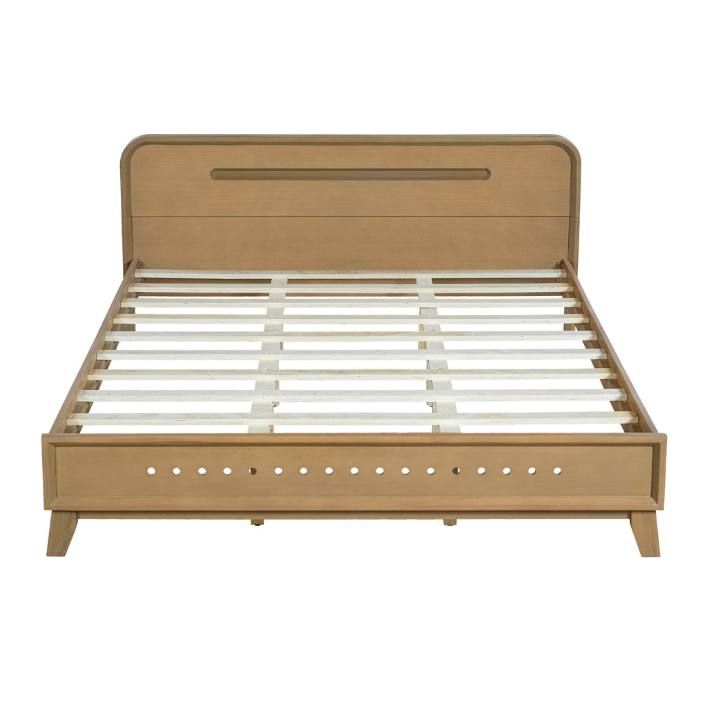 PINE SOLID WOOD QUEEN SIZE BED, SOLID AND STABLE, NO BOX SPRING NEEDED, RUSTIC YELLOW COLOR