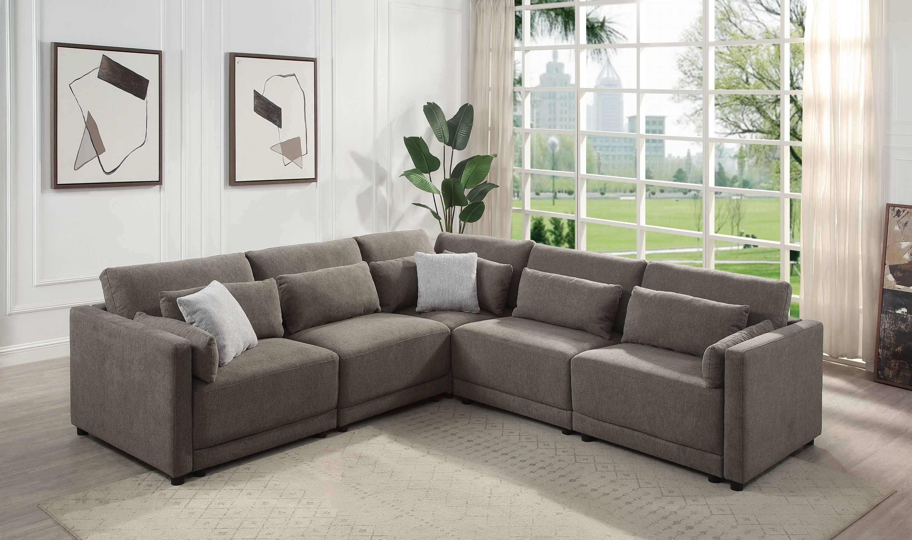 Rylie 5Pcs Brown Linen Modular Sectional Sofa with Toss Pillows