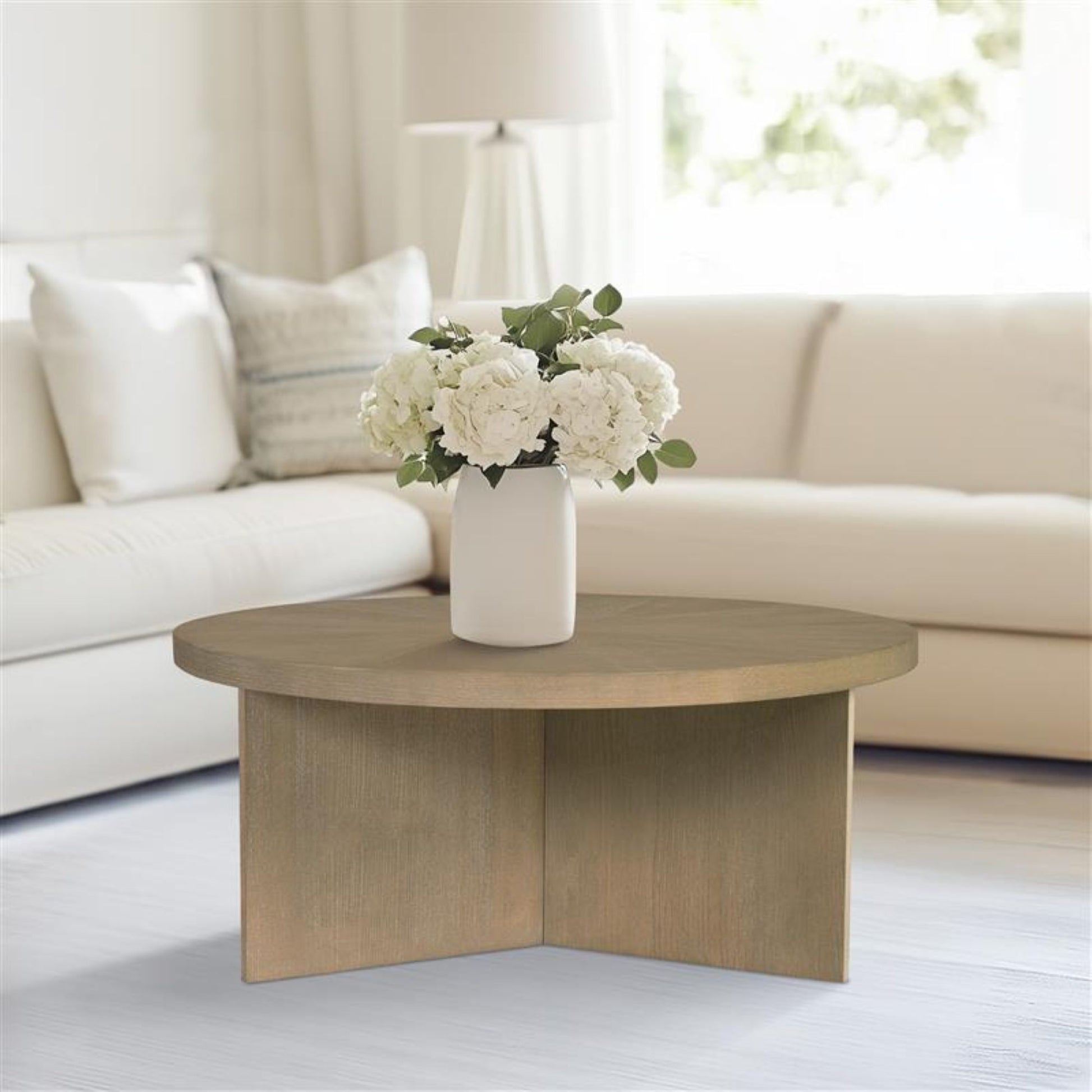 Sadie Round Coffee Table Reclaimed Greige Finish MDF Wood Veneer 36 Inch Coffee Table