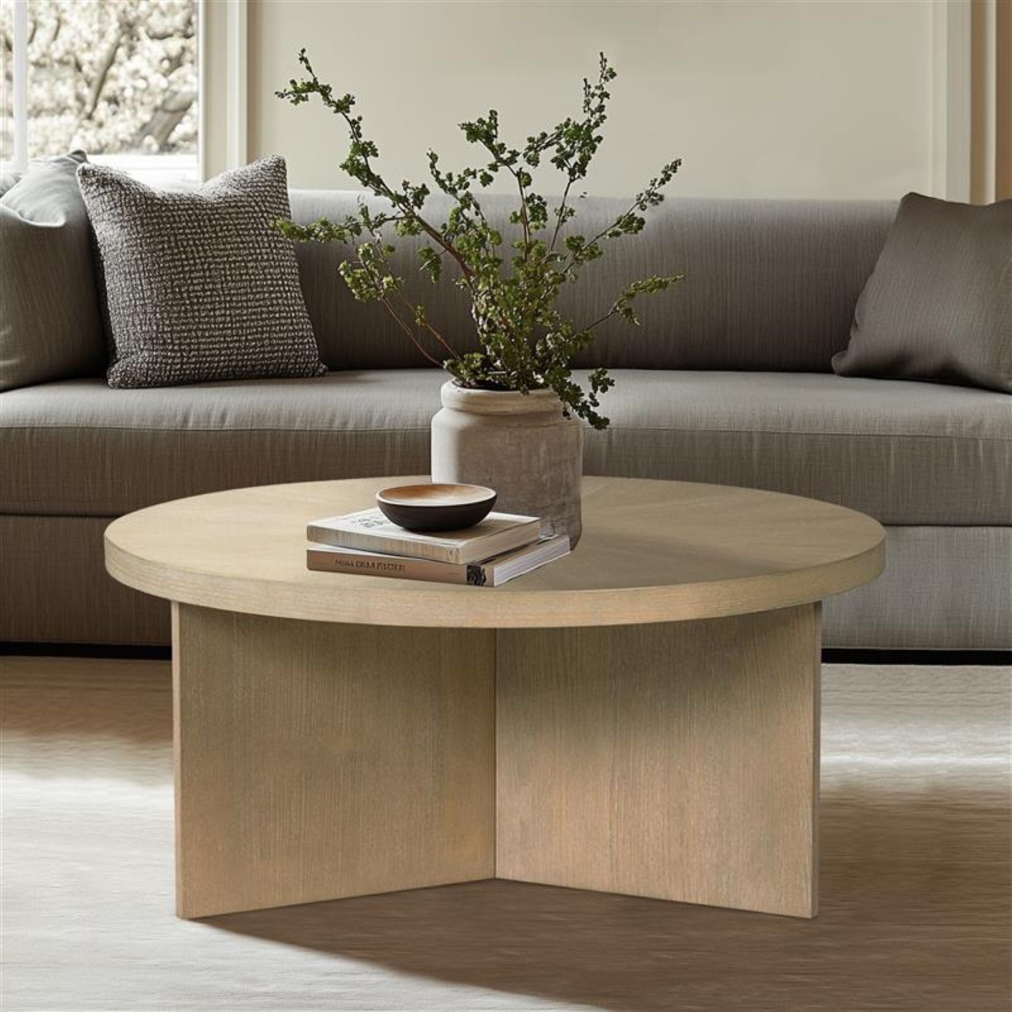 Sadie Round Coffee Table Reclaimed Greige Finish MDF Wood Veneer 36 Inch Coffee Table
