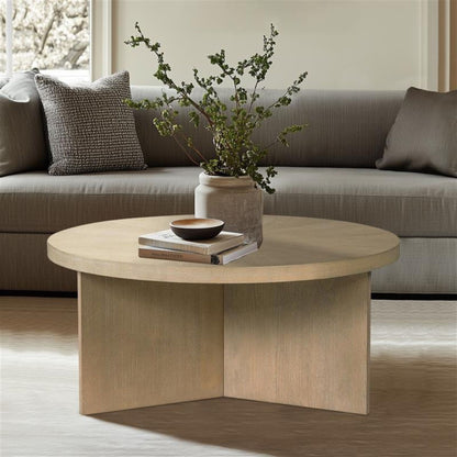 Sadie Round Coffee Table Reclaimed Greige Finish MDF Wood Veneer 36 Inch Coffee Table