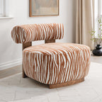 Brown and white patterned chair and ottoman in a room with light-colored floor and walls.