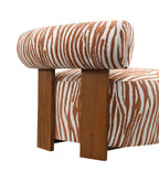 Chair with zebra print upholstery and wooden legs on a white background