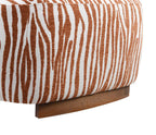 Cylindrical ottoman with brown and white striped pattern and wooden base on a white background