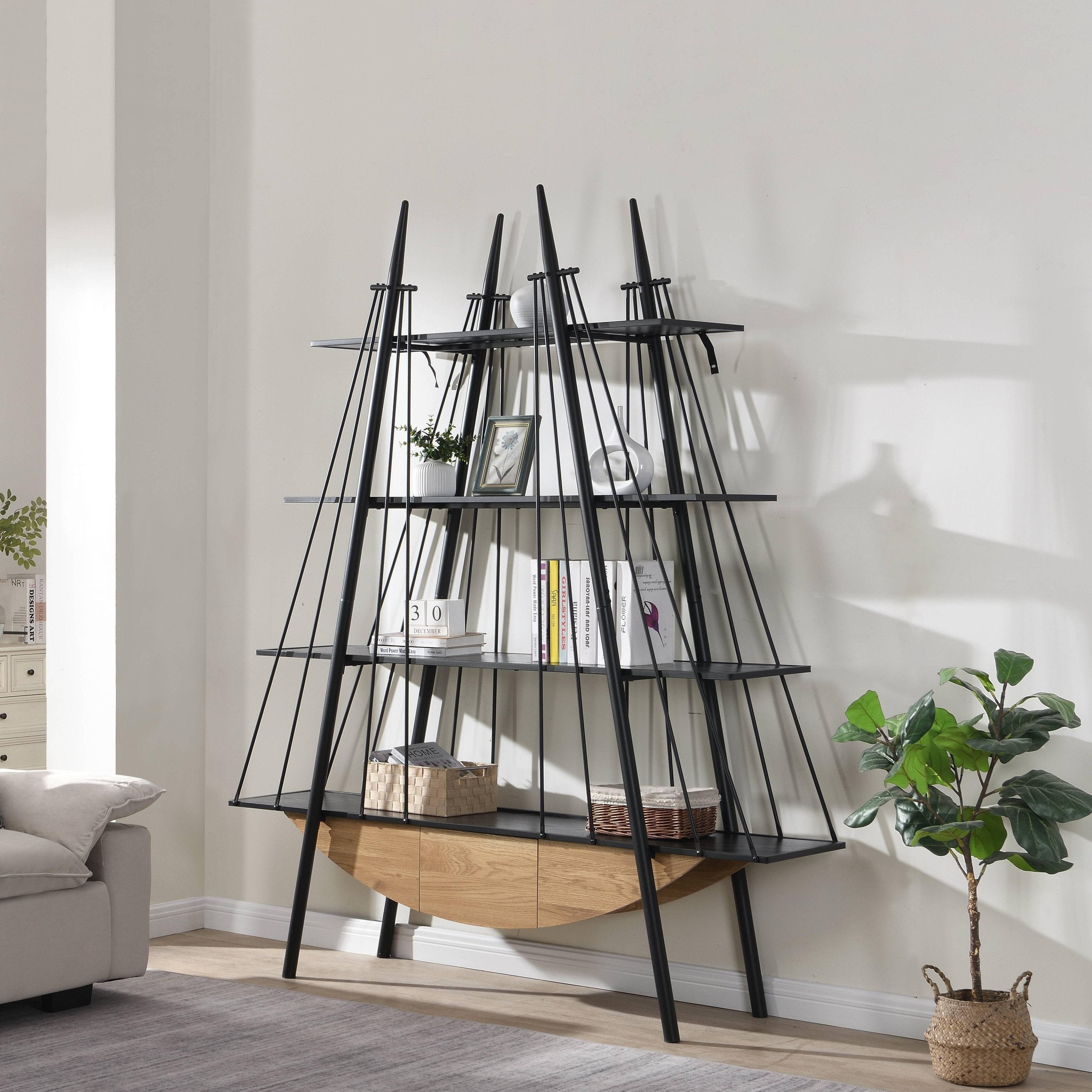 Sailboat-Inspired Bookshelf, 70.87 inch Industrial 4-Tier Open Storage Shelf with Drawer, Wooden & Metal Freestanding Bookcase, Sturdy Display Rack for Living Room, Office & Home Decoration. - Groovy Boardz