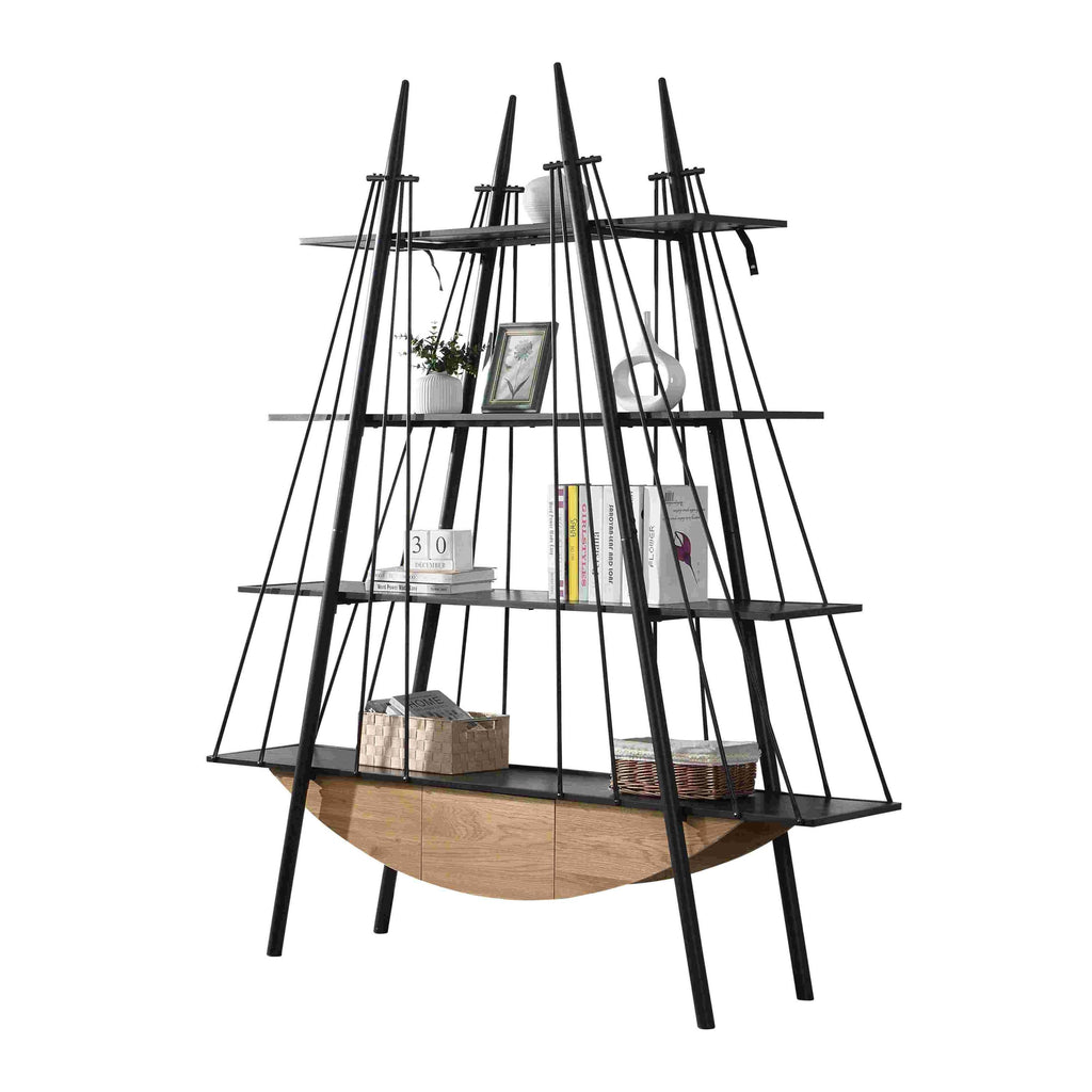 Sailboat-Inspired Bookshelf, 70.87 inch Industrial 4-Tier Open Storage Shelf with Drawer, Wooden & Metal Freestanding Bookcase, Sturdy Display Rack for Living Room, Office & Home Decoration. - Groovy Boardz