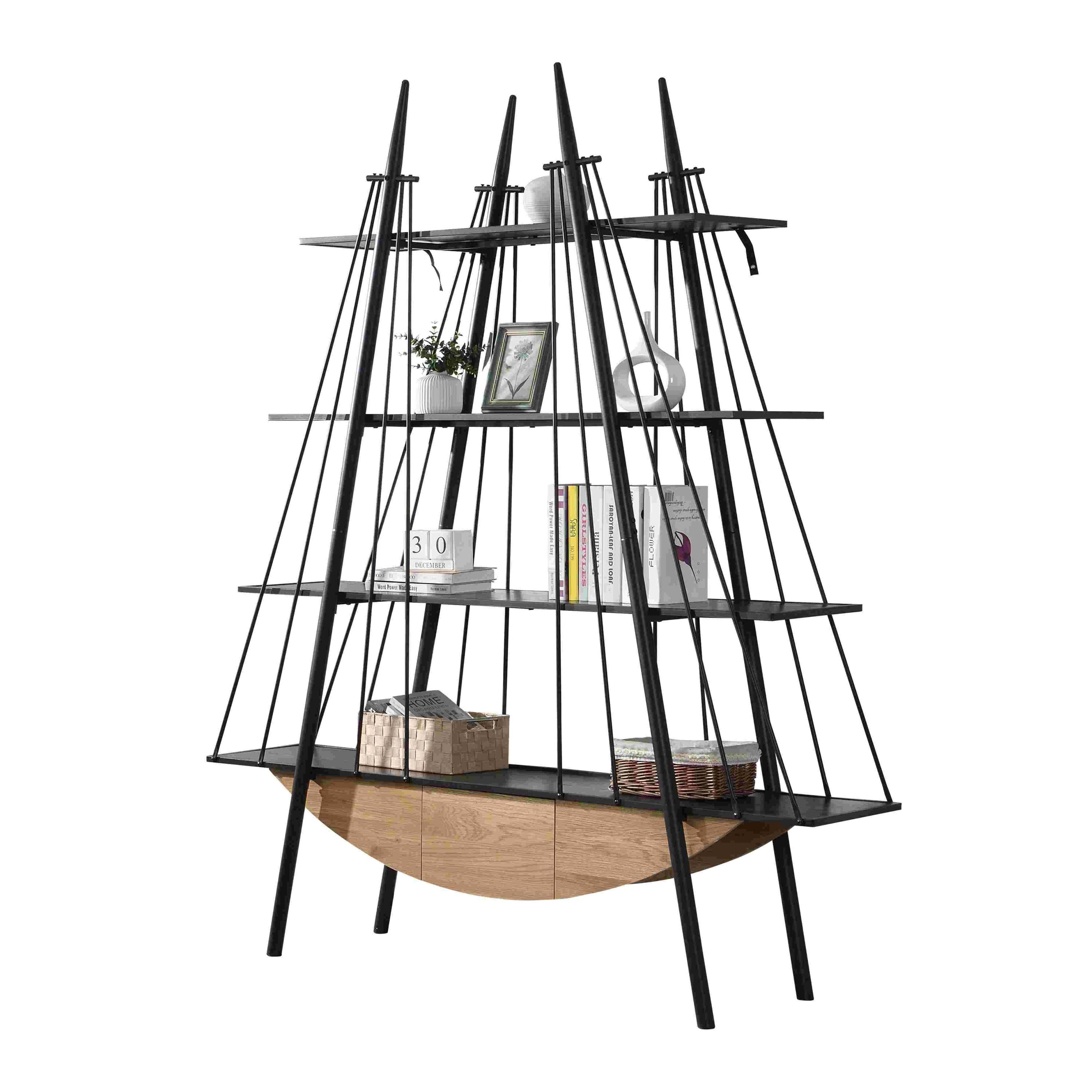 Sailboat-Inspired Bookshelf, 70.87 inch Industrial 4-Tier Open Storage Shelf with Drawer, Wooden & Metal Freestanding Bookcase, Sturdy Display Rack for Living Room, Office & Home Decoration. - Groovy Boardz