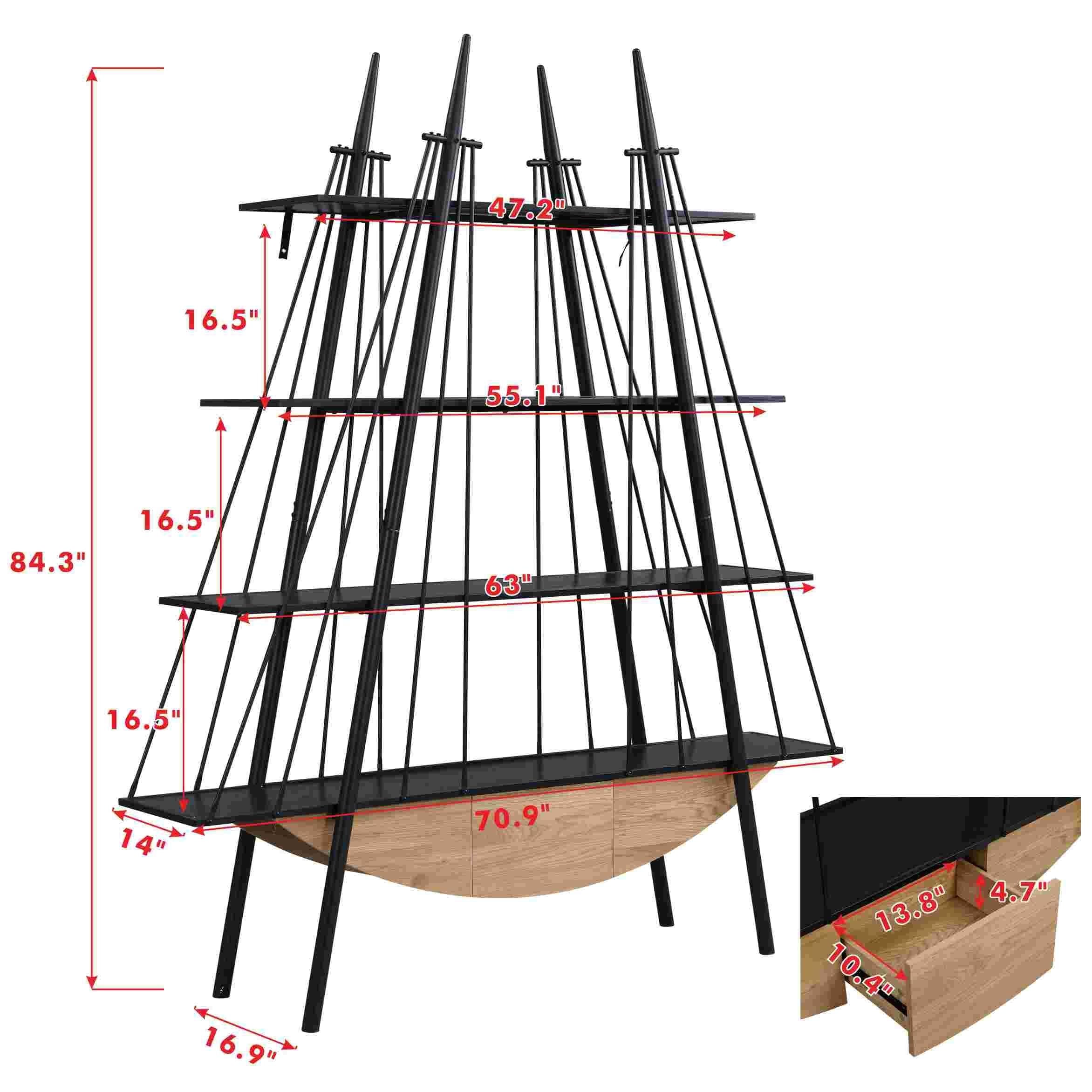 Sailboat-Inspired Bookshelf, 70.87 inch Industrial 4-Tier Open Storage Shelf with Drawer, Wooden & Metal Freestanding Bookcase, Sturdy Display Rack for Living Room, Office & Home Decoration. - Groovy Boardz