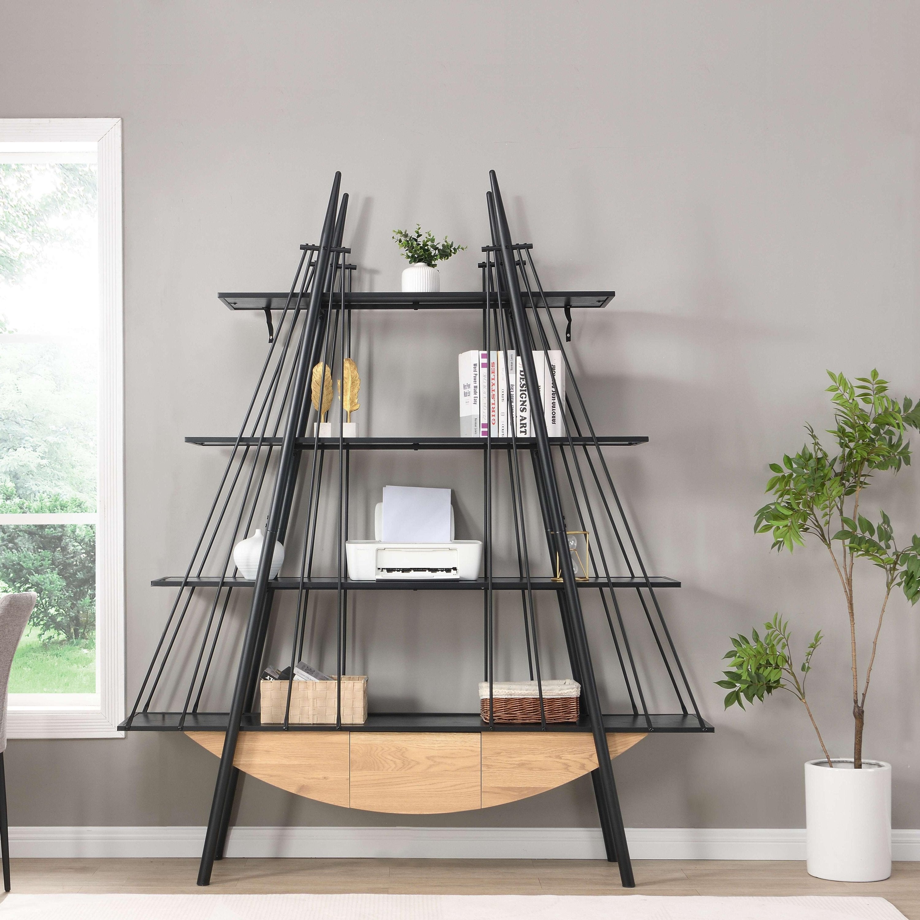 Sailboat-Inspired Bookshelf, 70.87 inch Industrial 4-Tier Open Storage Shelf with Drawer, Wooden & Metal Freestanding Bookcase, Sturdy Display Rack for Living Room, Office & Home Decoration. - Groovy Boardz