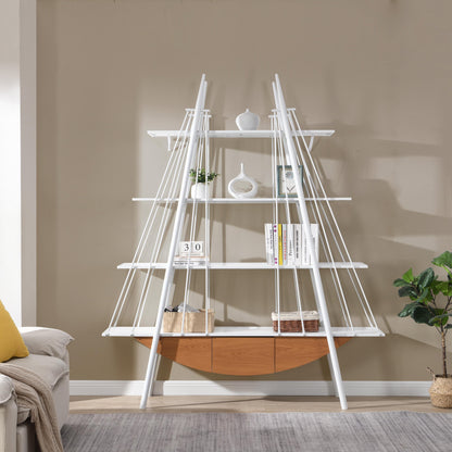 Sailboat-Inspired Bookshelf, 70.87 inch Industrial 4-Tier Open Storage Shelf with Drawer, Wooden & Metal Freestanding Bookcase, Sturdy Display Rack for Living Room, Office & Home Decoration. - Groovy Boardz