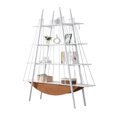 Sailboat-Inspired Bookshelf, 70.87 inch Industrial 4-Tier Open Storage Shelf with Drawer, Wooden & Metal Freestanding Bookcase, Sturdy Display Rack for Living Room, Office & Home Decoration. - Groovy Boardz