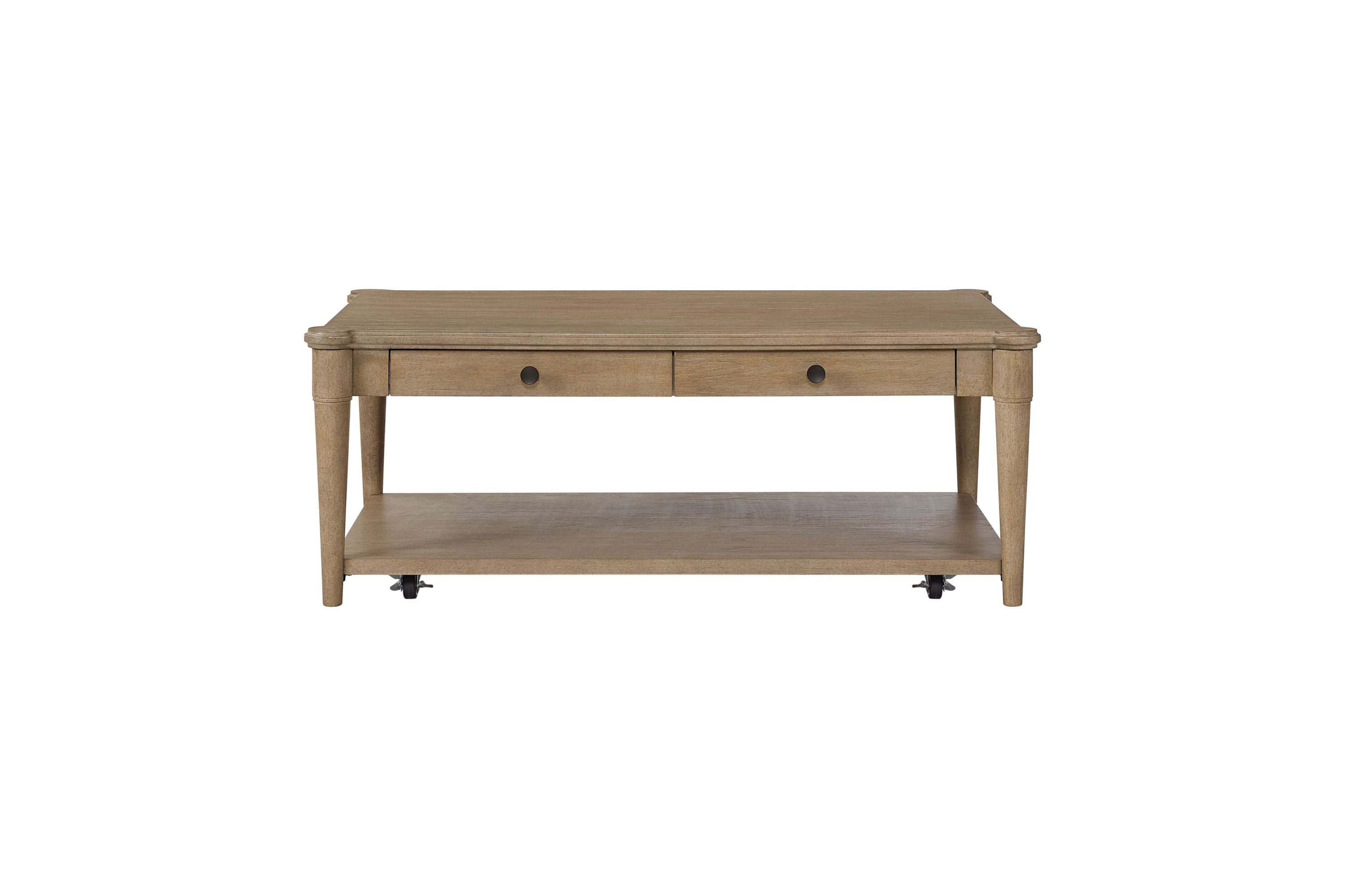 Sand Colored Cocktail Table With Two Storage Drawers and Casters