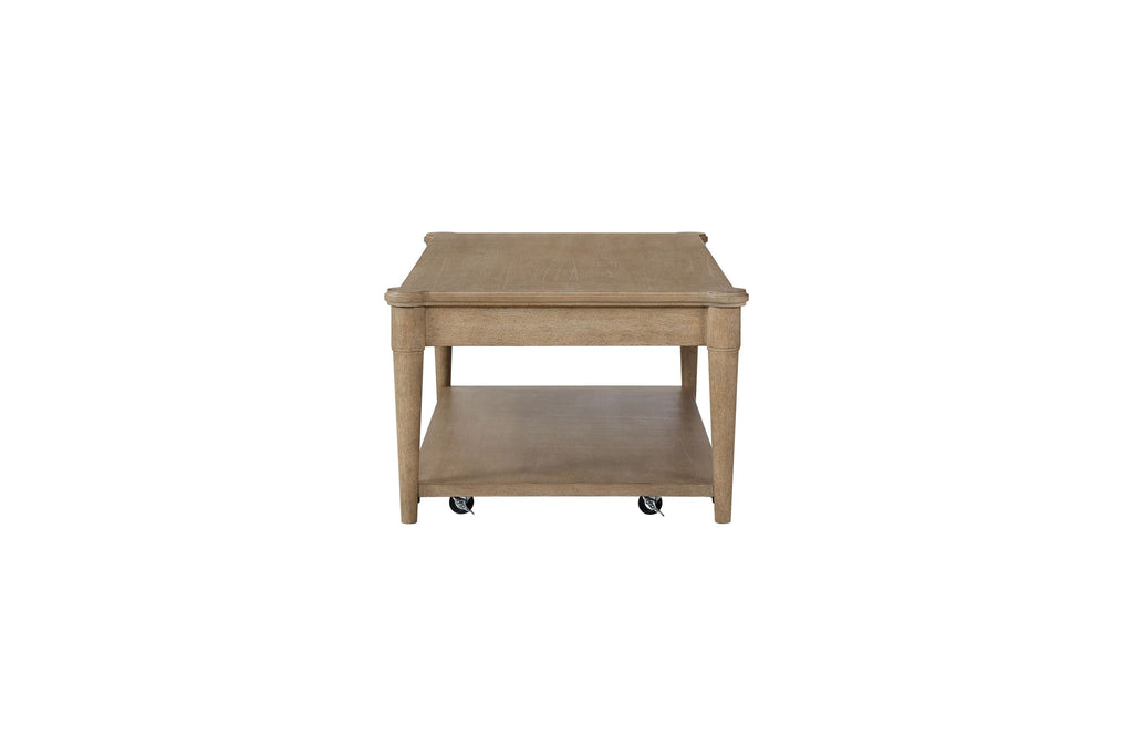 Sand Colored Cocktail Table With Two Storage Drawers and Casters