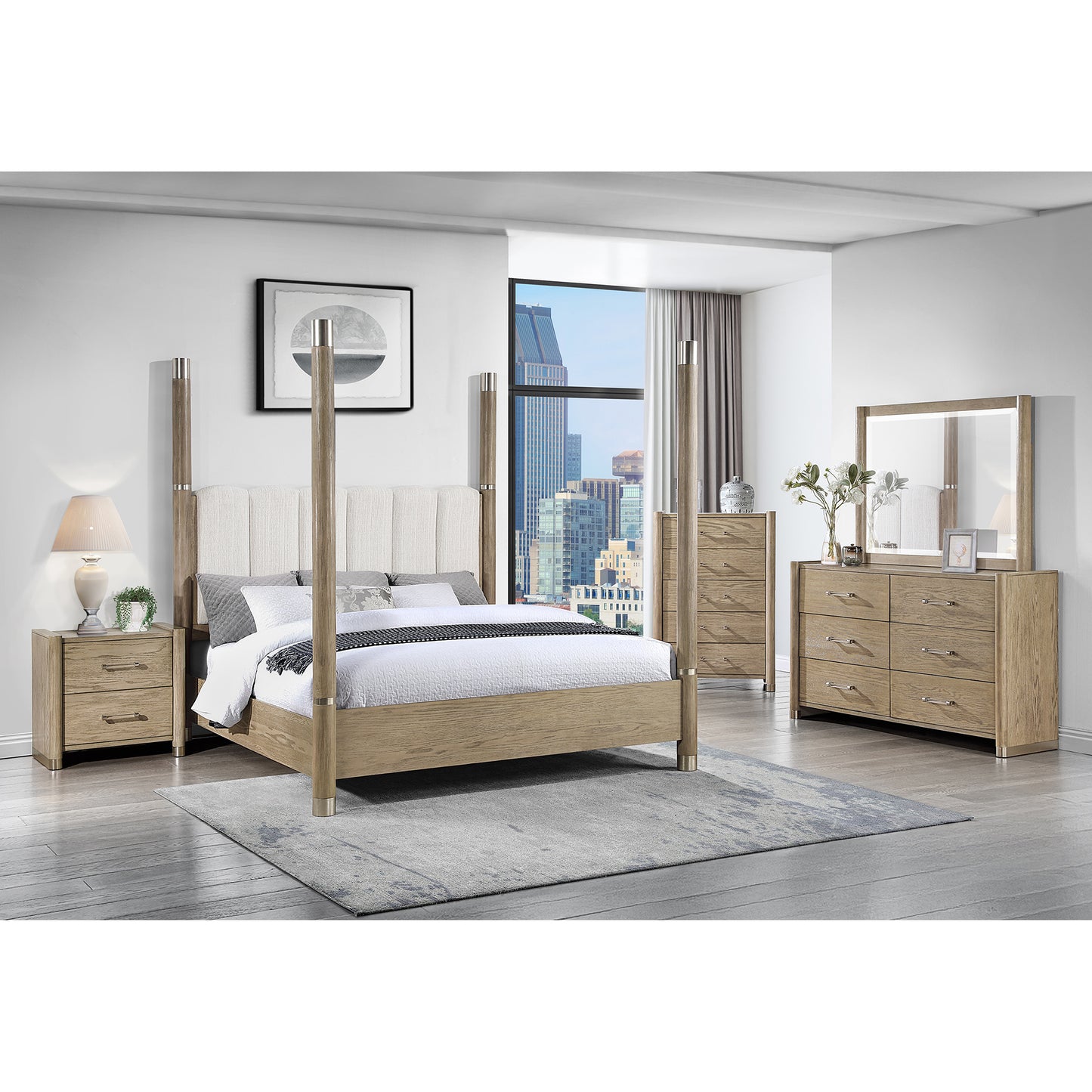 Sarai Brown 5PC Queen Bedroom Set with Upholstered Headboard and Metal Accents in Rubber Wood Bedroom Set