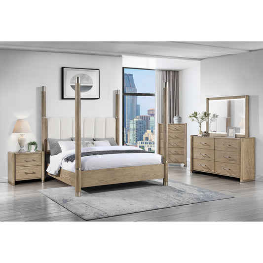 Sarai Brown Queen Bed with Plush Upholstered Headboard and Metal Detailing in Rubber Wood, Low Profile Design Bed Frame