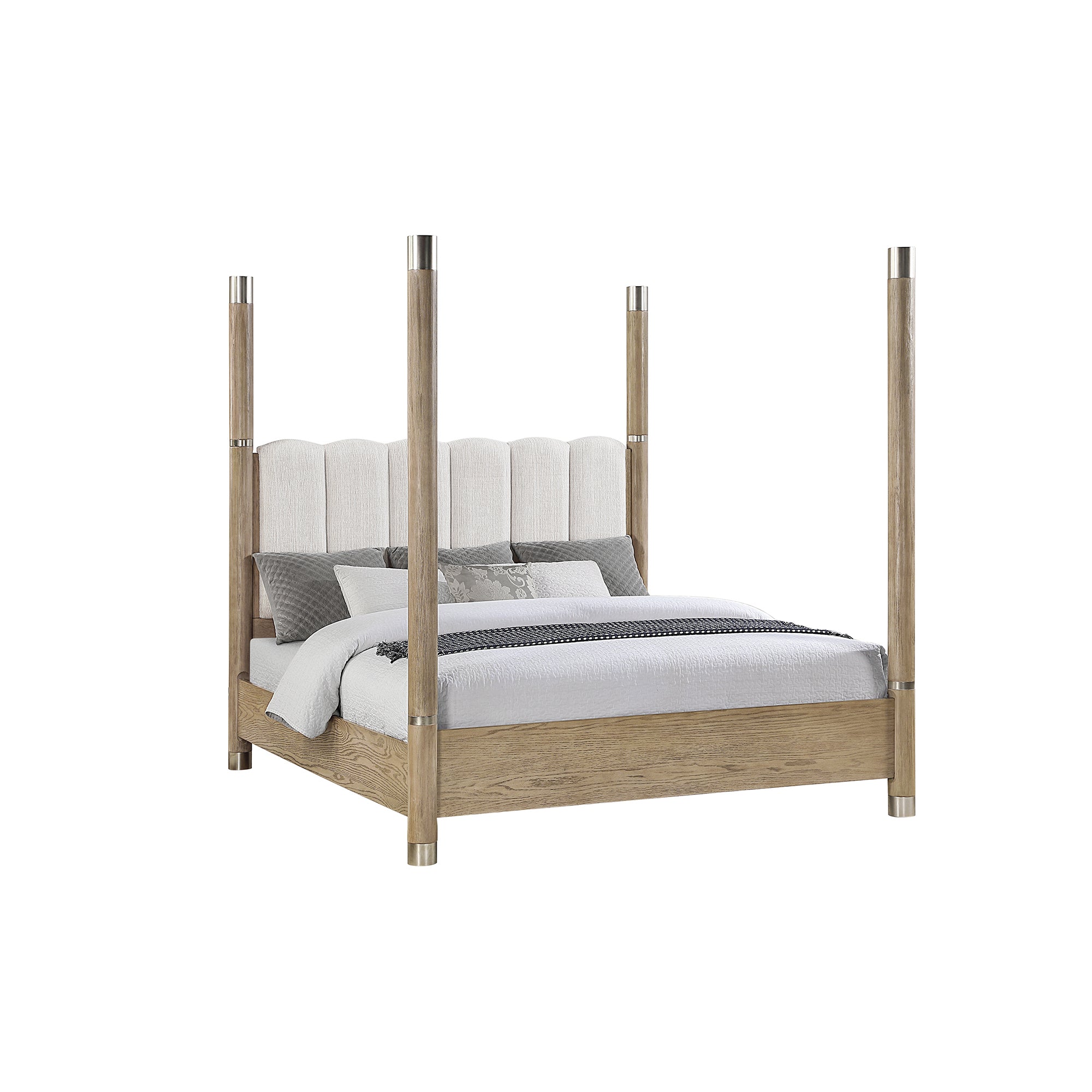 Sarai Brown Queen Bed with Plush Upholstered Headboard and Metal Detailing in Rubber Wood, Low Profile Design Bed Frame