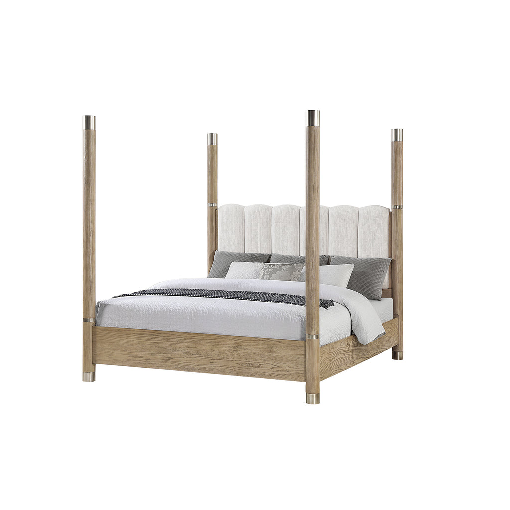 Sarai Brown Queen Bed with Plush Upholstered Headboard and Metal Detailing in Rubber Wood, Low Profile Design Bed Frame
