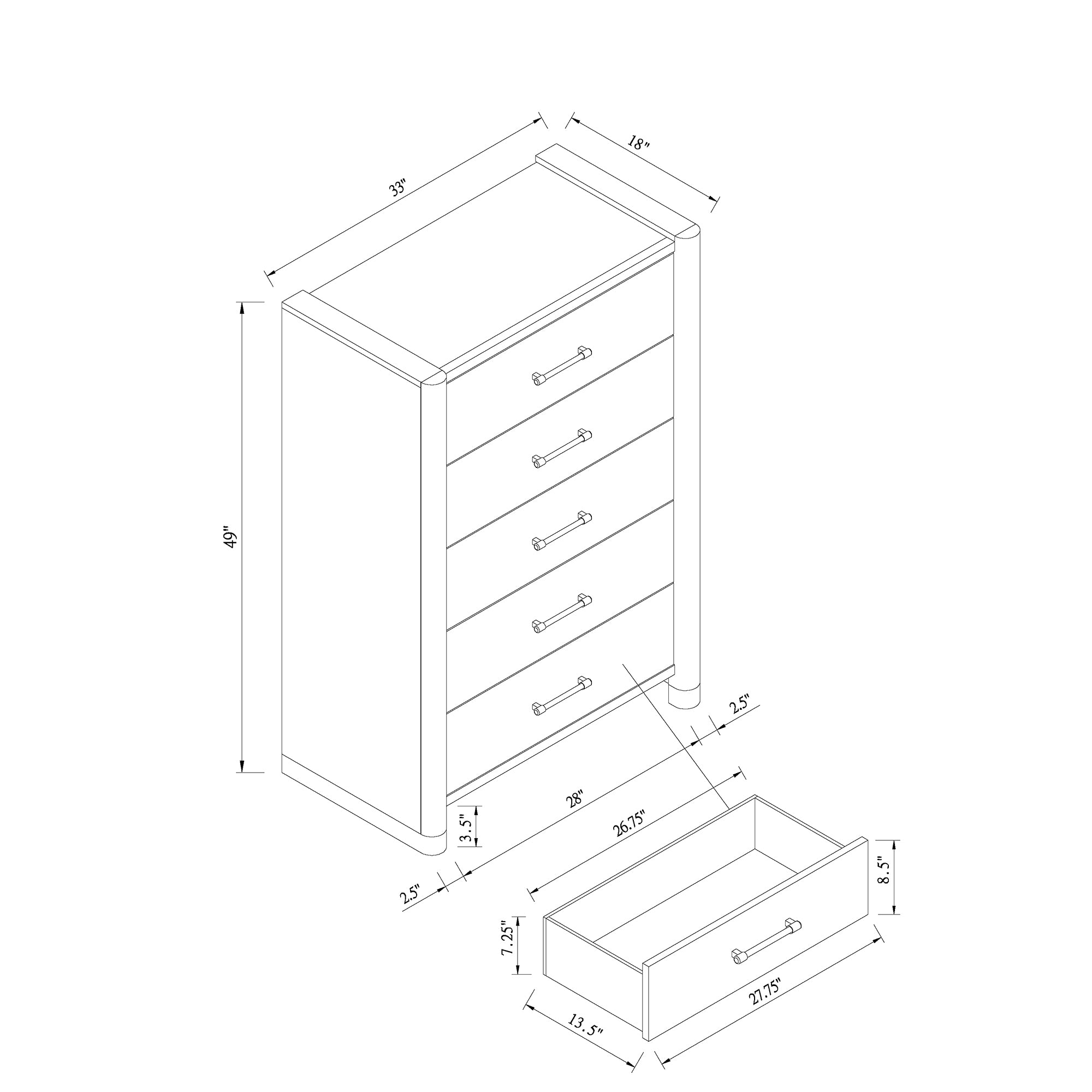 Sarai Brown Chest with Spacious Drawers and Acrylic Bar Handles in Rubber Wood, Brown Finish Dresser