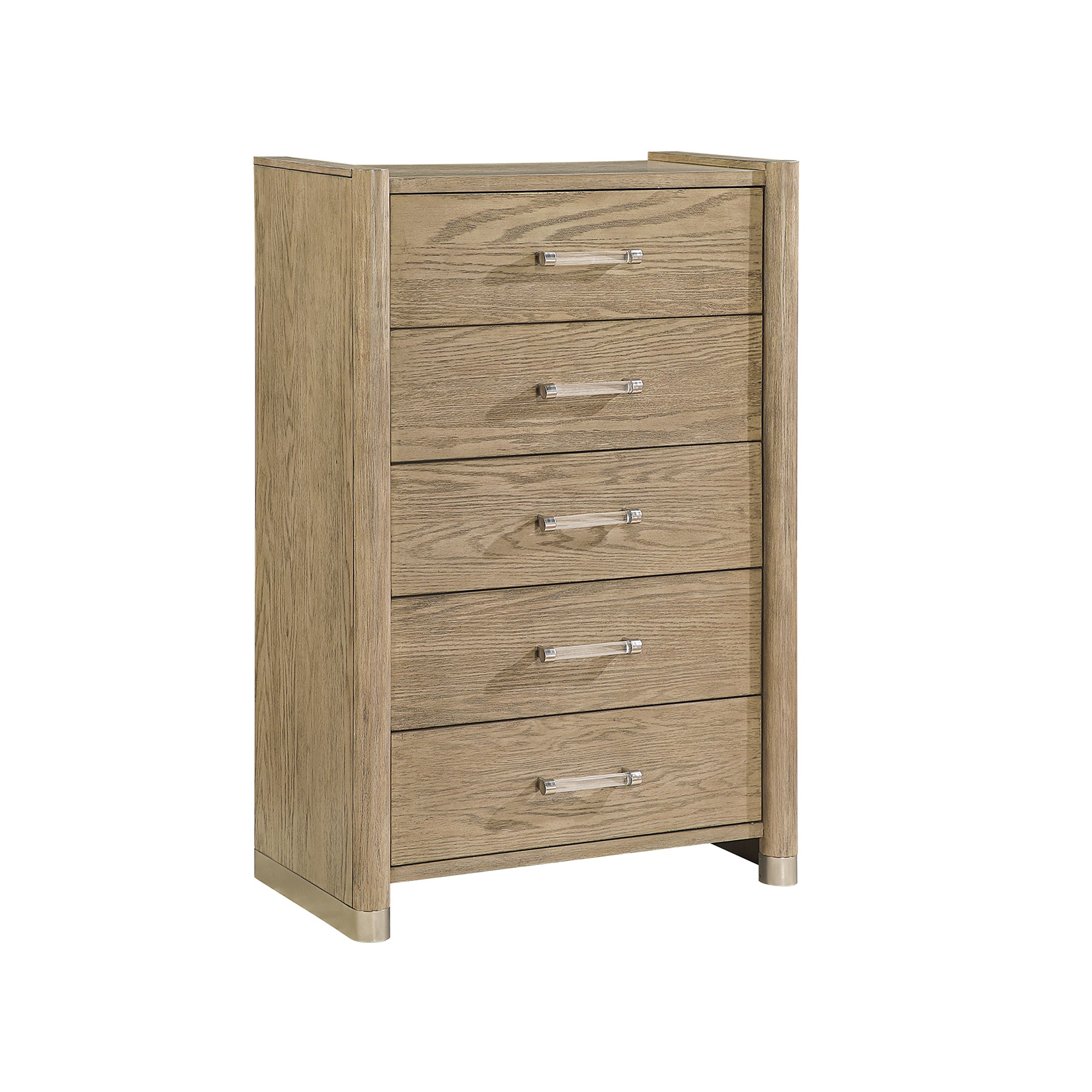 Sarai Brown Chest with Spacious Drawers and Acrylic Bar Handles in Rubber Wood, Brown Finish Dresser