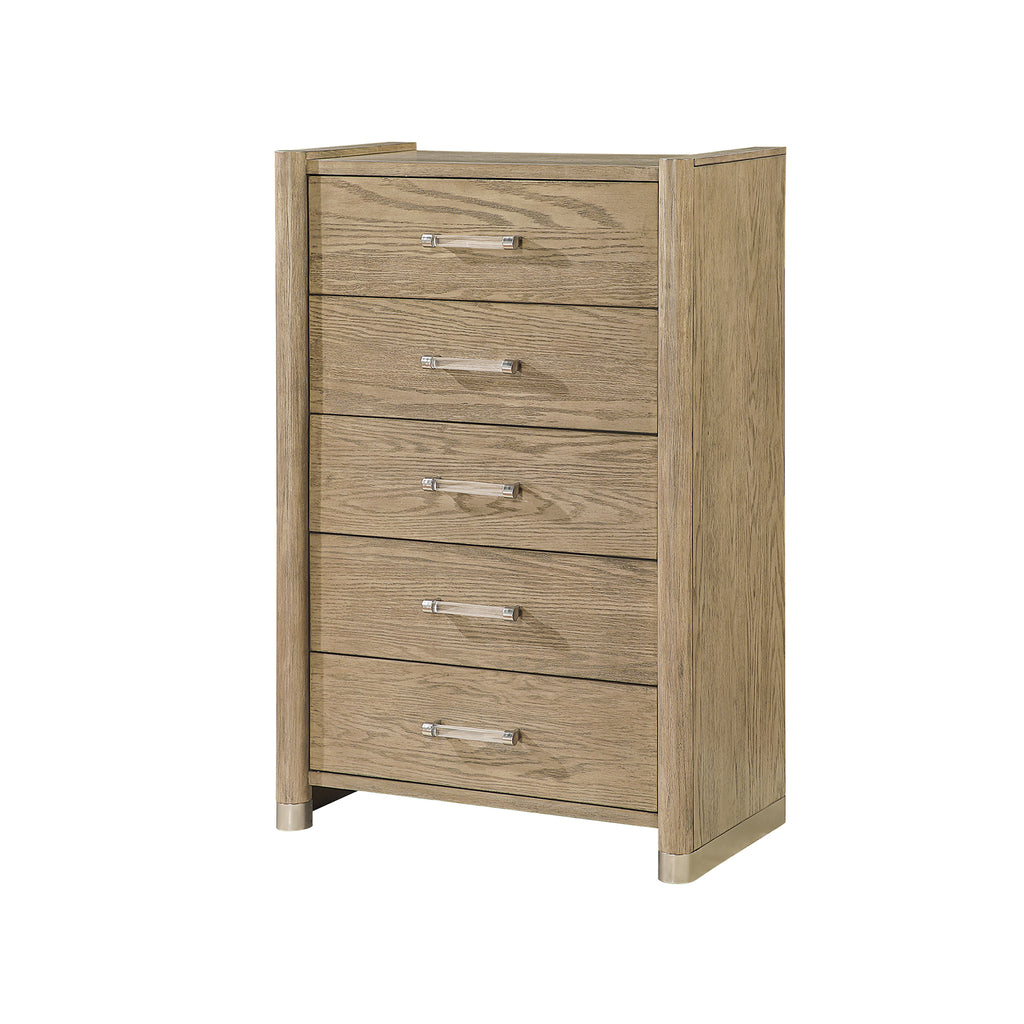 Sarai Brown Chest with Spacious Drawers and Acrylic Bar Handles in Rubber Wood, Brown Finish Dresser