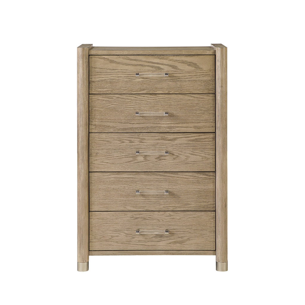 Sarai Brown Chest with Spacious Drawers and Acrylic Bar Handles in Rubber Wood, Brown Finish Dresser
