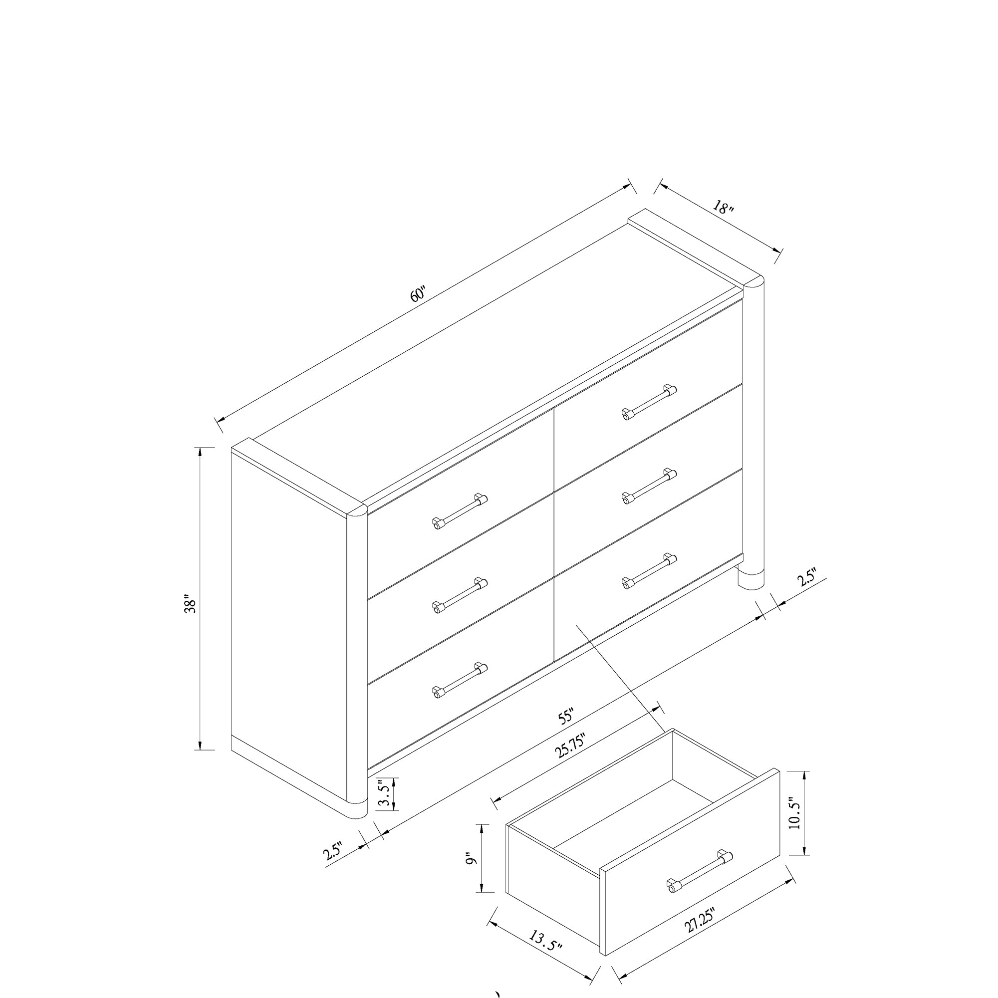 Sarai Brown Dresser with Spacious Drawers and Acrylic Bar Handles in Light Brown Rubber Wood Finish Dresser