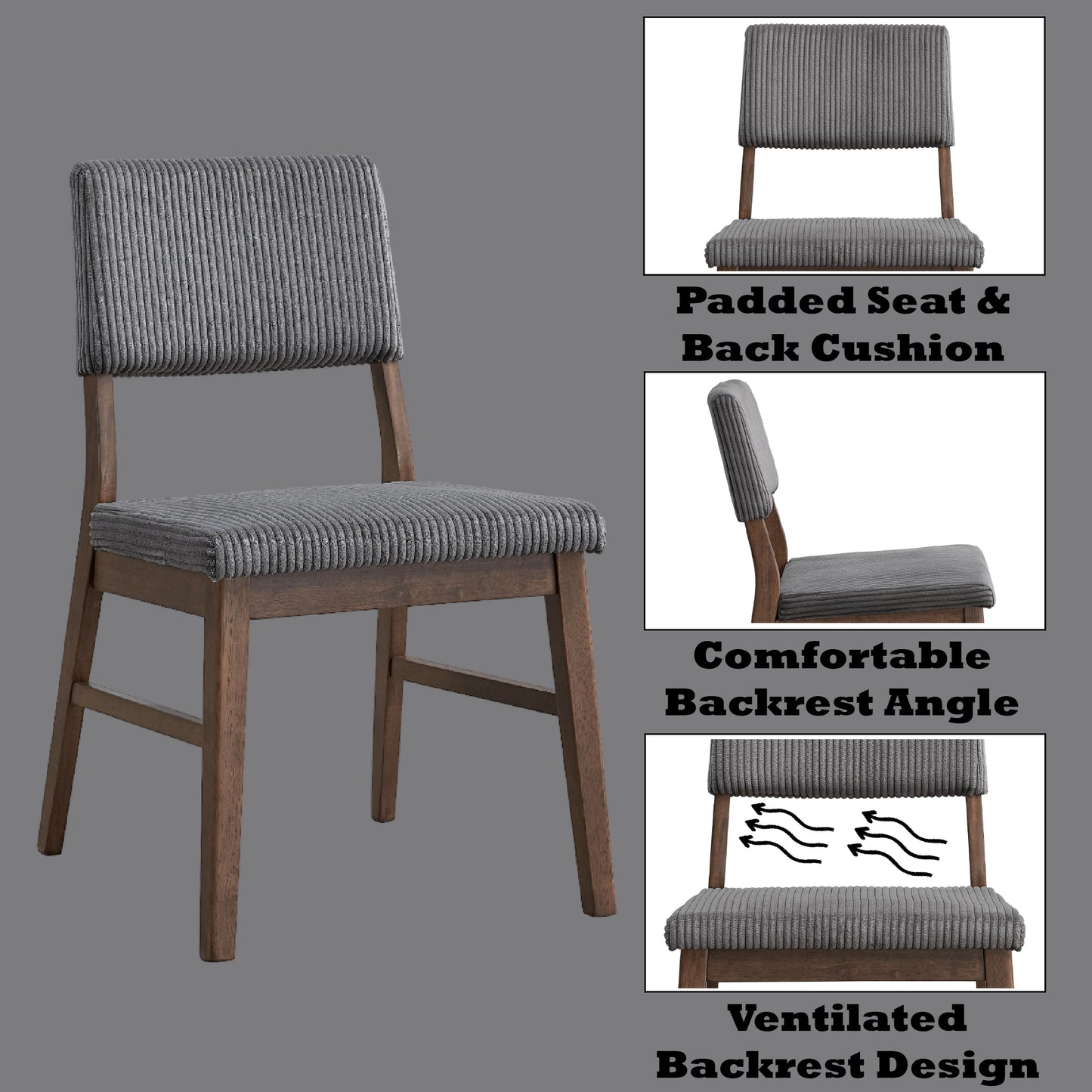 Seda Gray Corduroy & Walnut Finish Side Chair (Set of 2)
