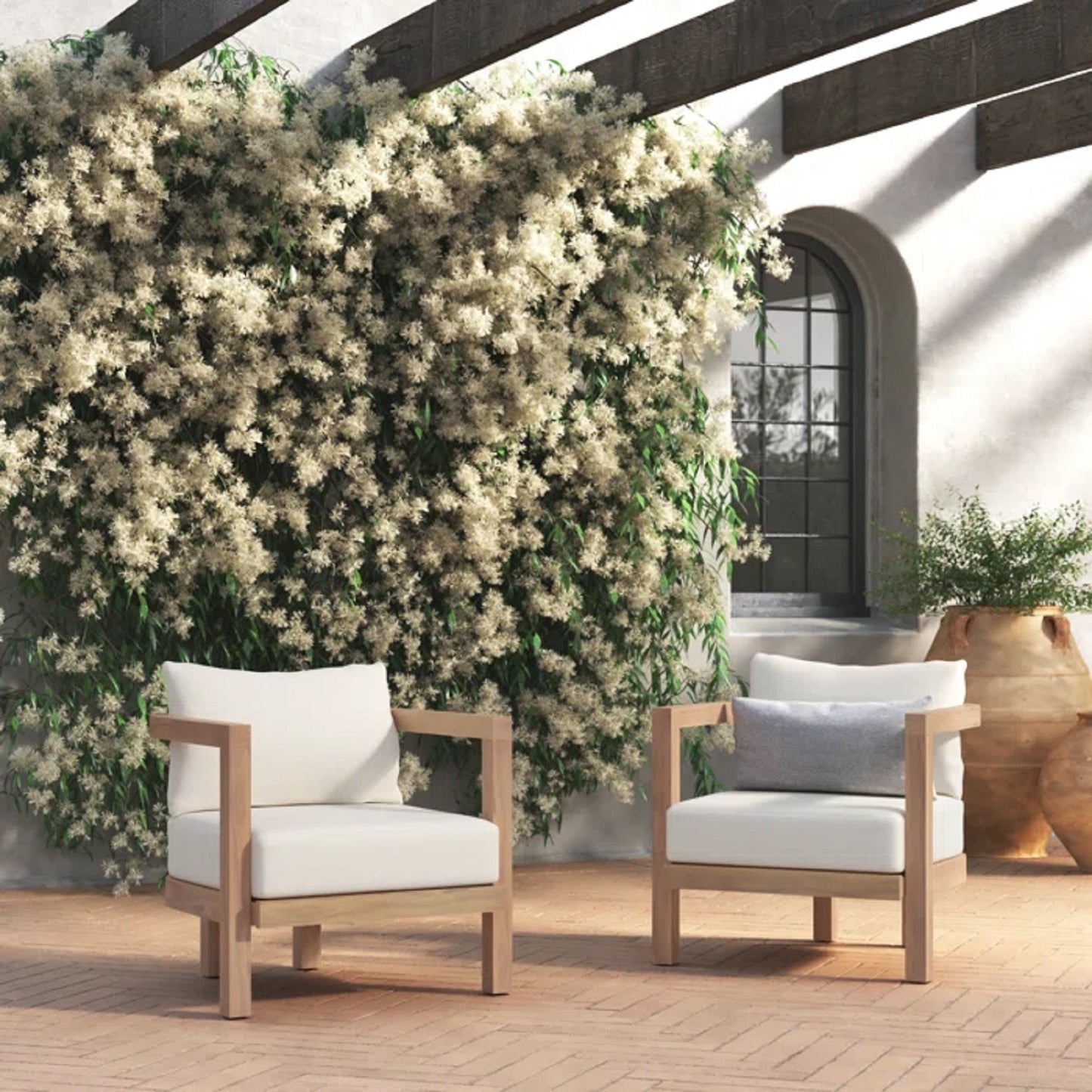 ( SET OF 2 ) Outdoor Acacia Wood Patio Club Chair, Patio Furniture,Waterproof Thick Cushion Deep Seating for Porch, Garden, Backyard, Balcony, Weight Capacity 400lbs, Brown wash, Beige cushion - Groovy Boardz