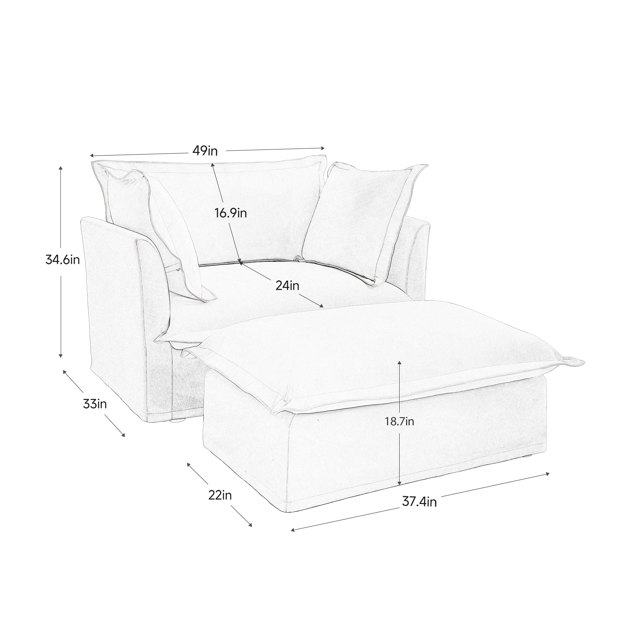 Upholstered Slipcovered Armchair with Ottoman, Deep Seat Armchair W/ Wide Ottoman for Living Room, Armchair Sets with Large Soft Pillows(Set of 2),Chenille Fabric,Black