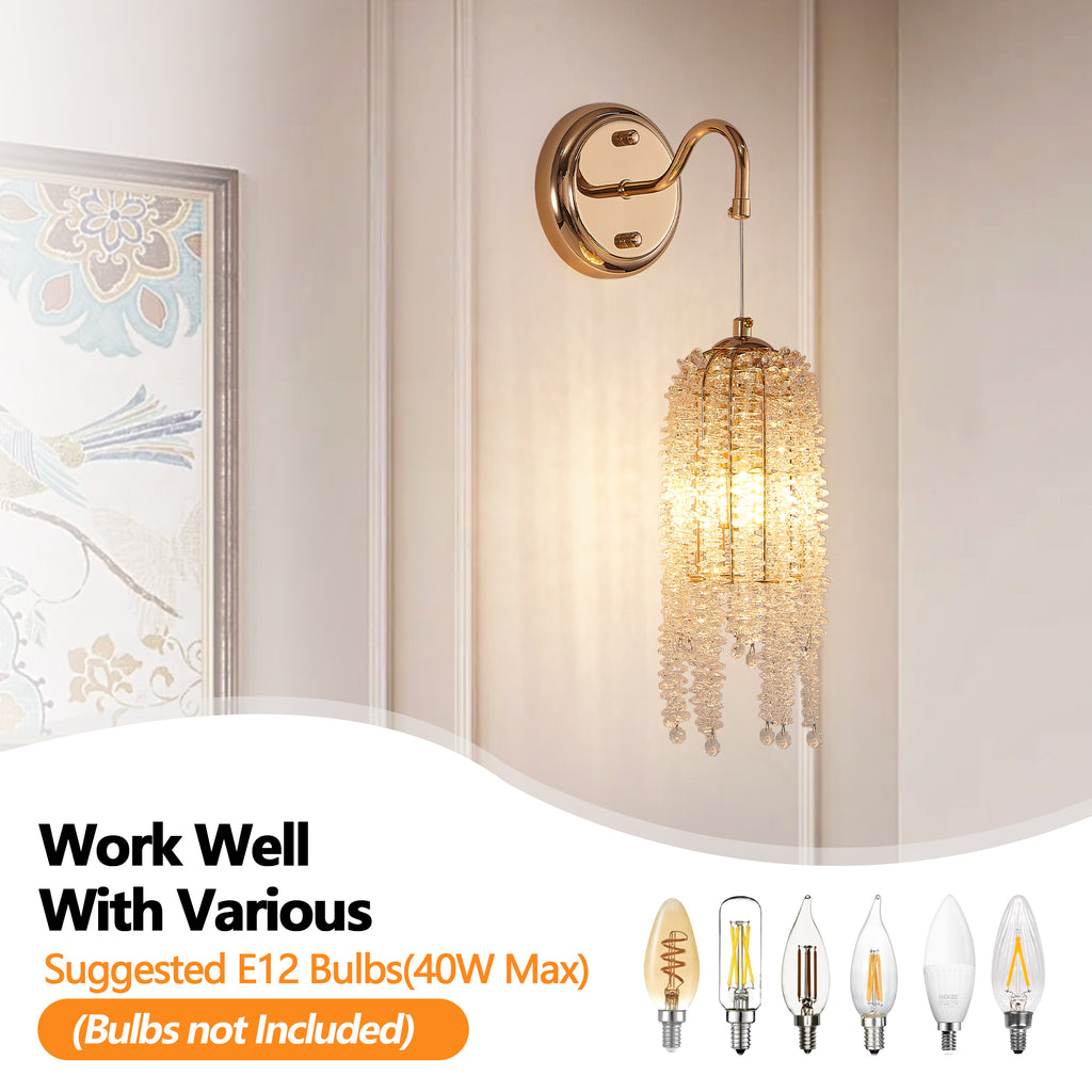 Set of 2 Gold Frame and Cascading Crystal Bead String Wall Sconces, E12 Bulb Socket, Elegant Hanging Light Fixture for Living Room, Bedroom, Hallway (Bulb Not Included)